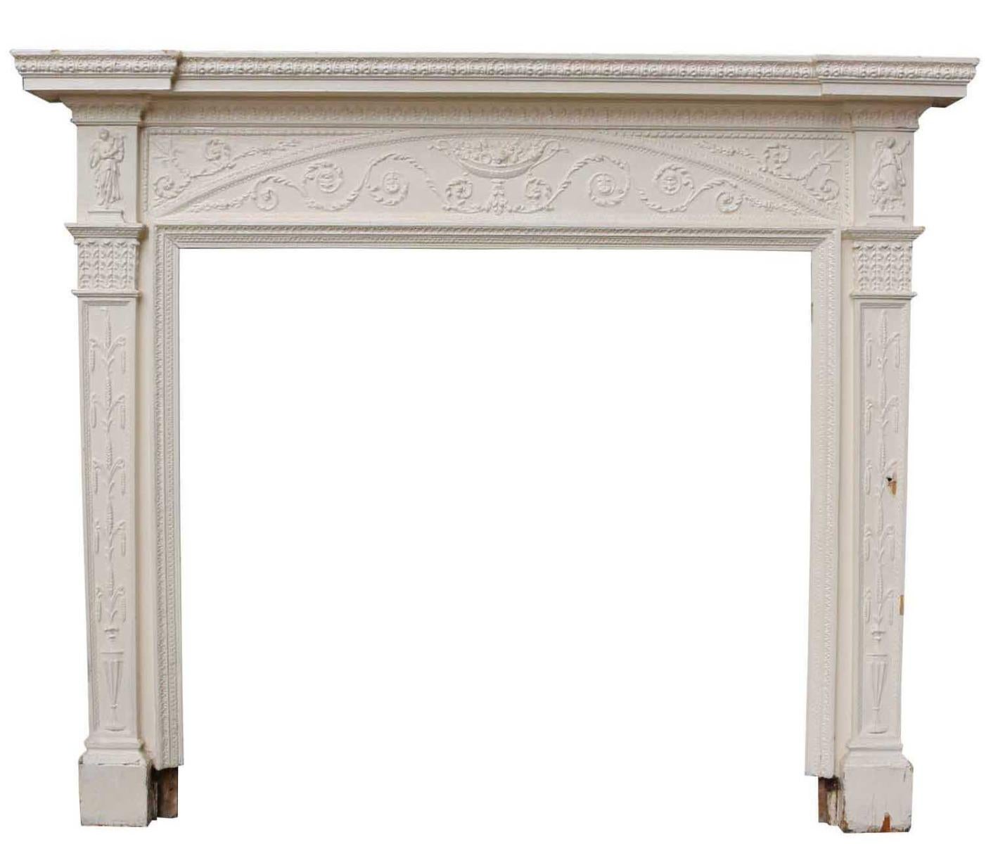 An English painted pine and composition (Gesso) fire surround in the Adam style. Salvaged from a house in York.

Additional Dimensions
Opening Height 112 cm

Opening Width 121 cm

Width between outside of legs 161.5 cm.