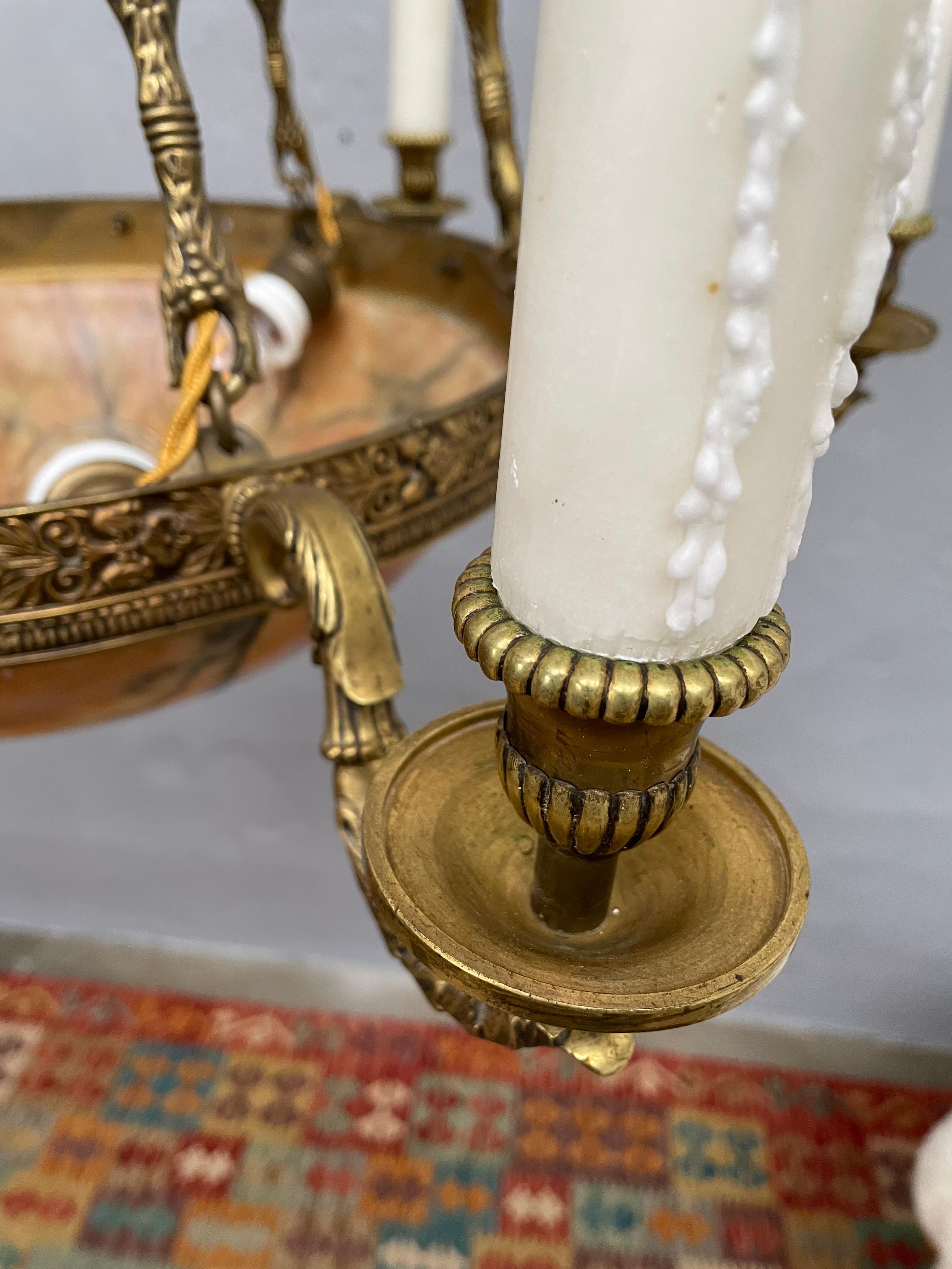 Brass An Antique Alabaster Plafonnier Candelabra   For Sale