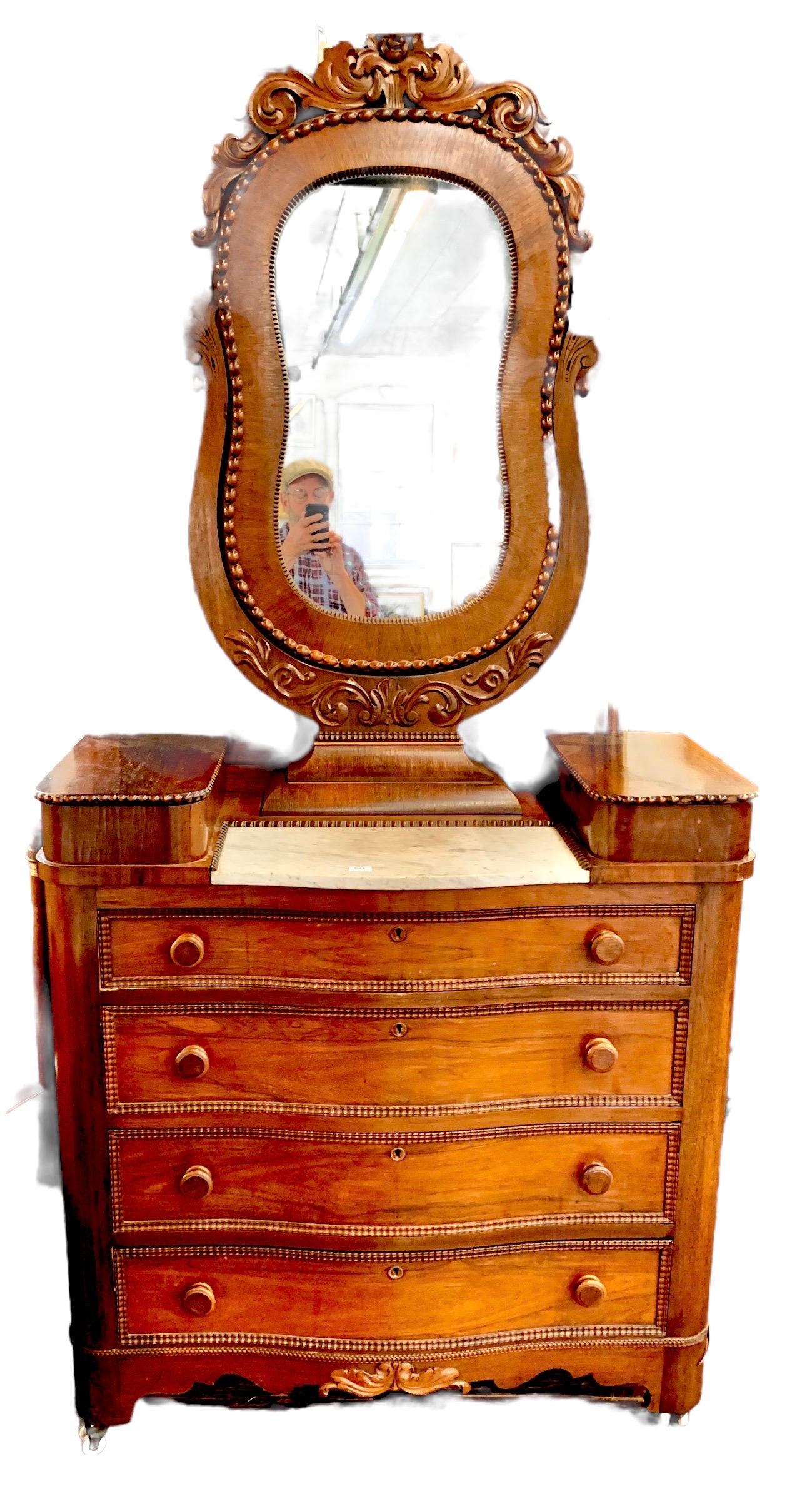Hand-Carved Antique American Classical Period Carved Rosewood Dresser with Yoke Mirror