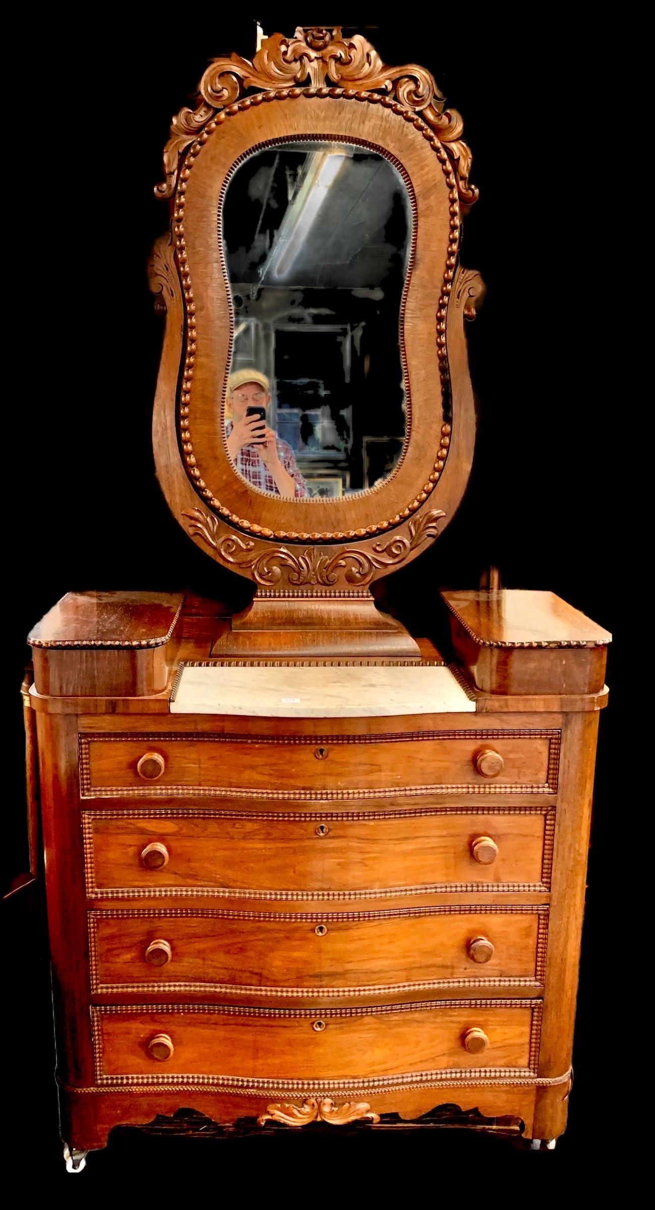 19th Century Antique American Classical Period Carved Rosewood Dresser with Yoke Mirror
