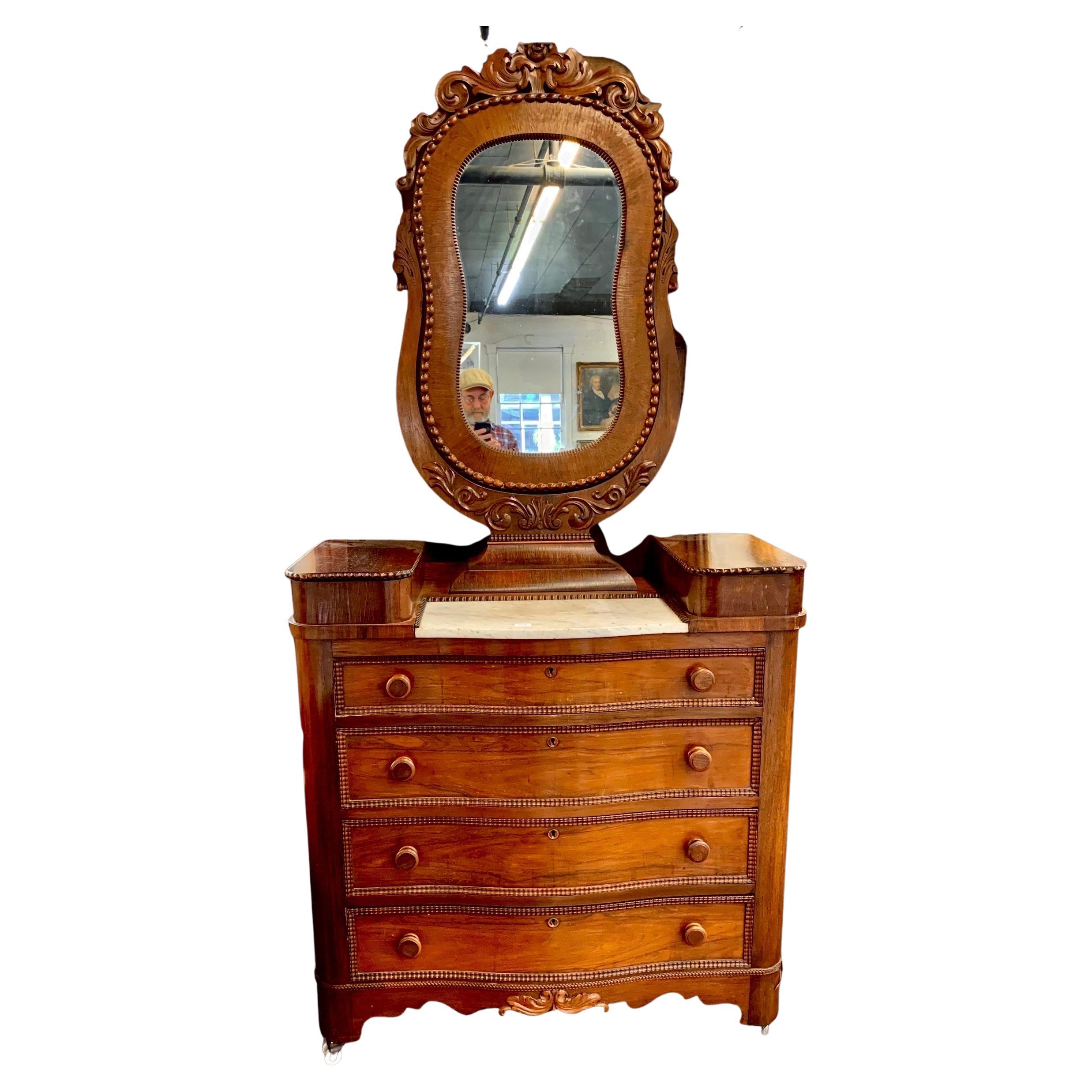 Antique American Classical Period Carved Rosewood Dresser with Yoke Mirror