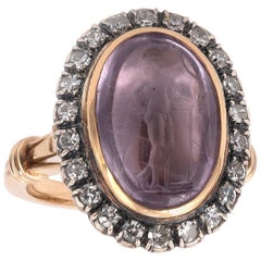 Antique Amethyst Intaglio and Diamond Cluster Ring
