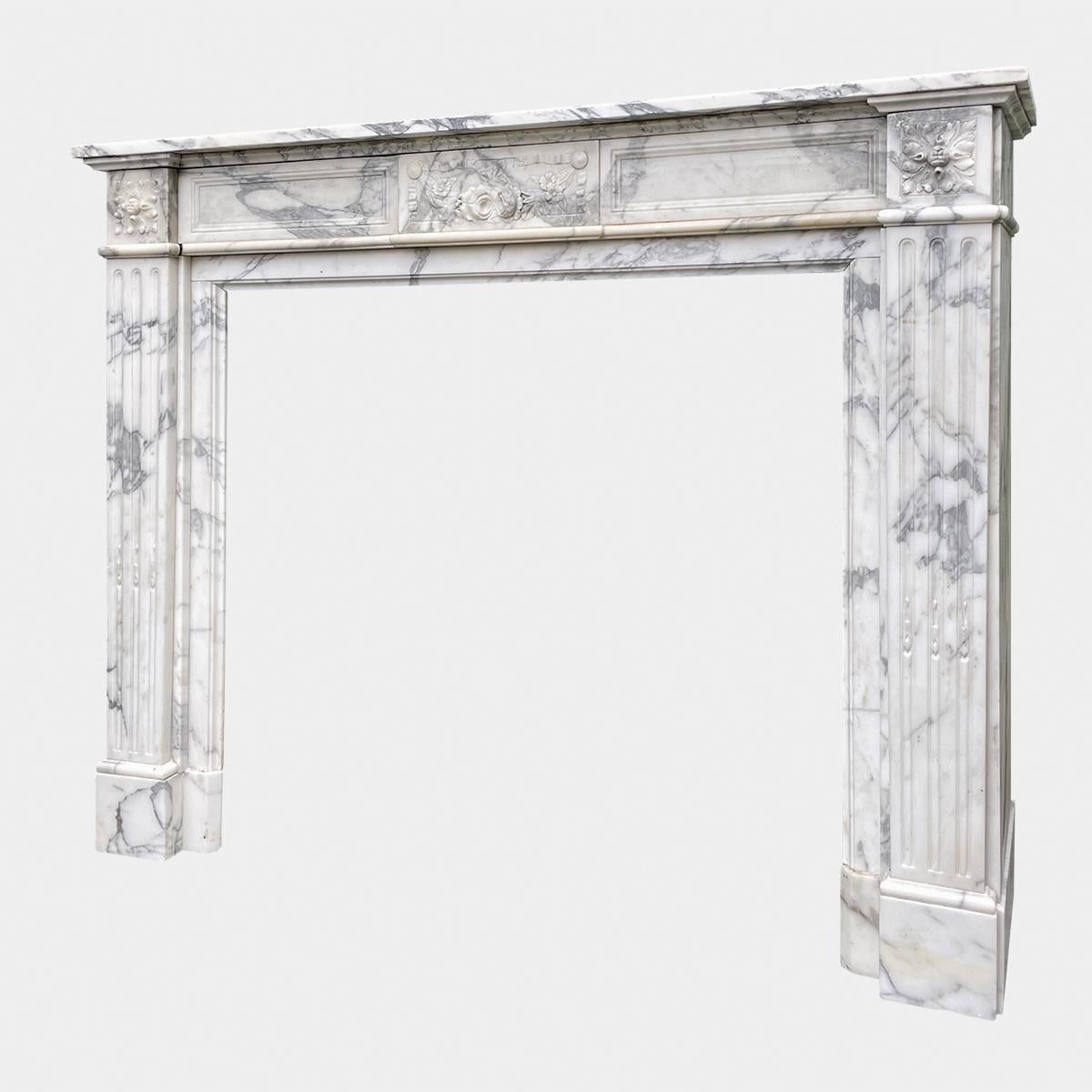 French Antique Arabescato Marble Louis XVI Fireplace Mantel For Sale