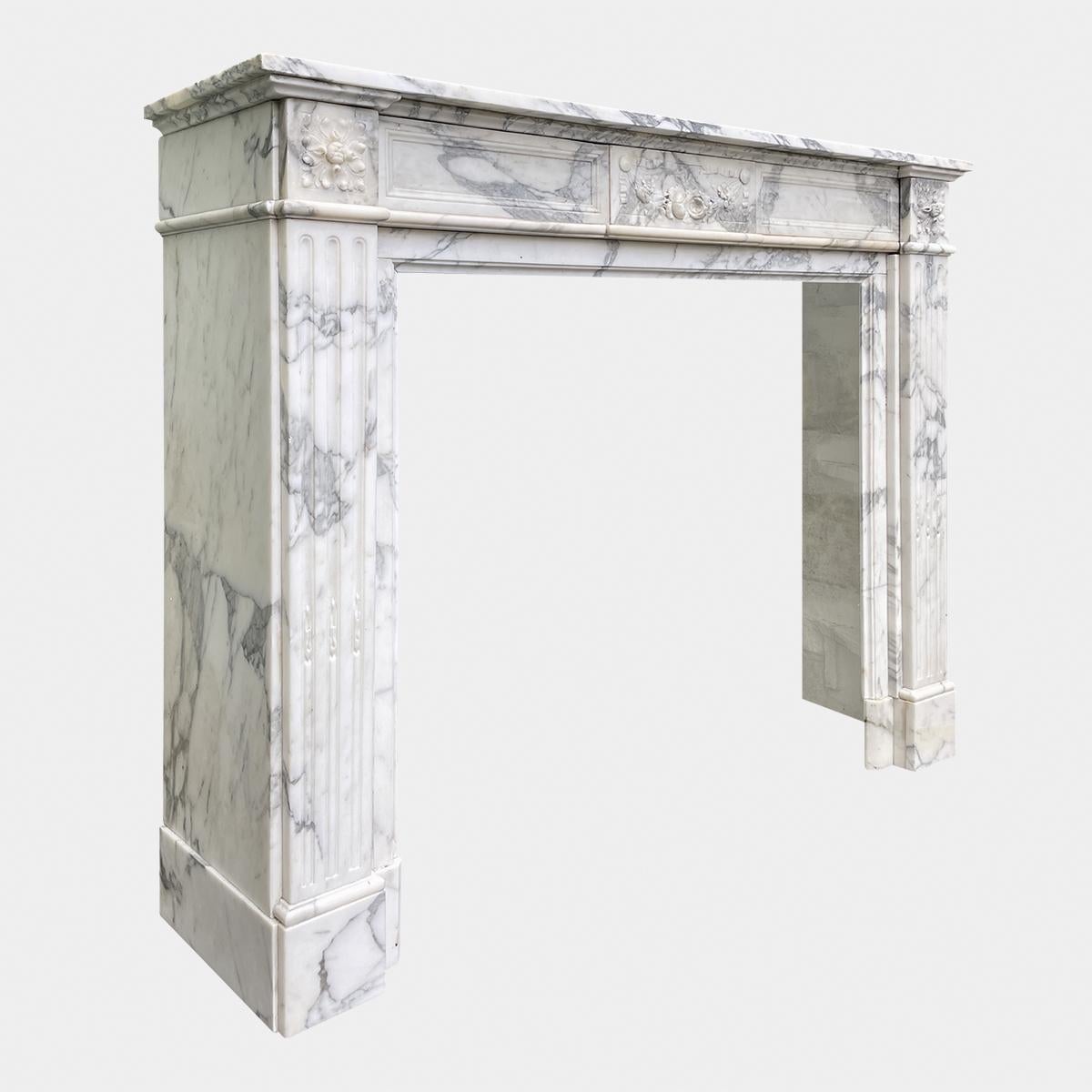 Hand-Carved Antique Arabescato Marble Louis XVI Fireplace Mantel For Sale