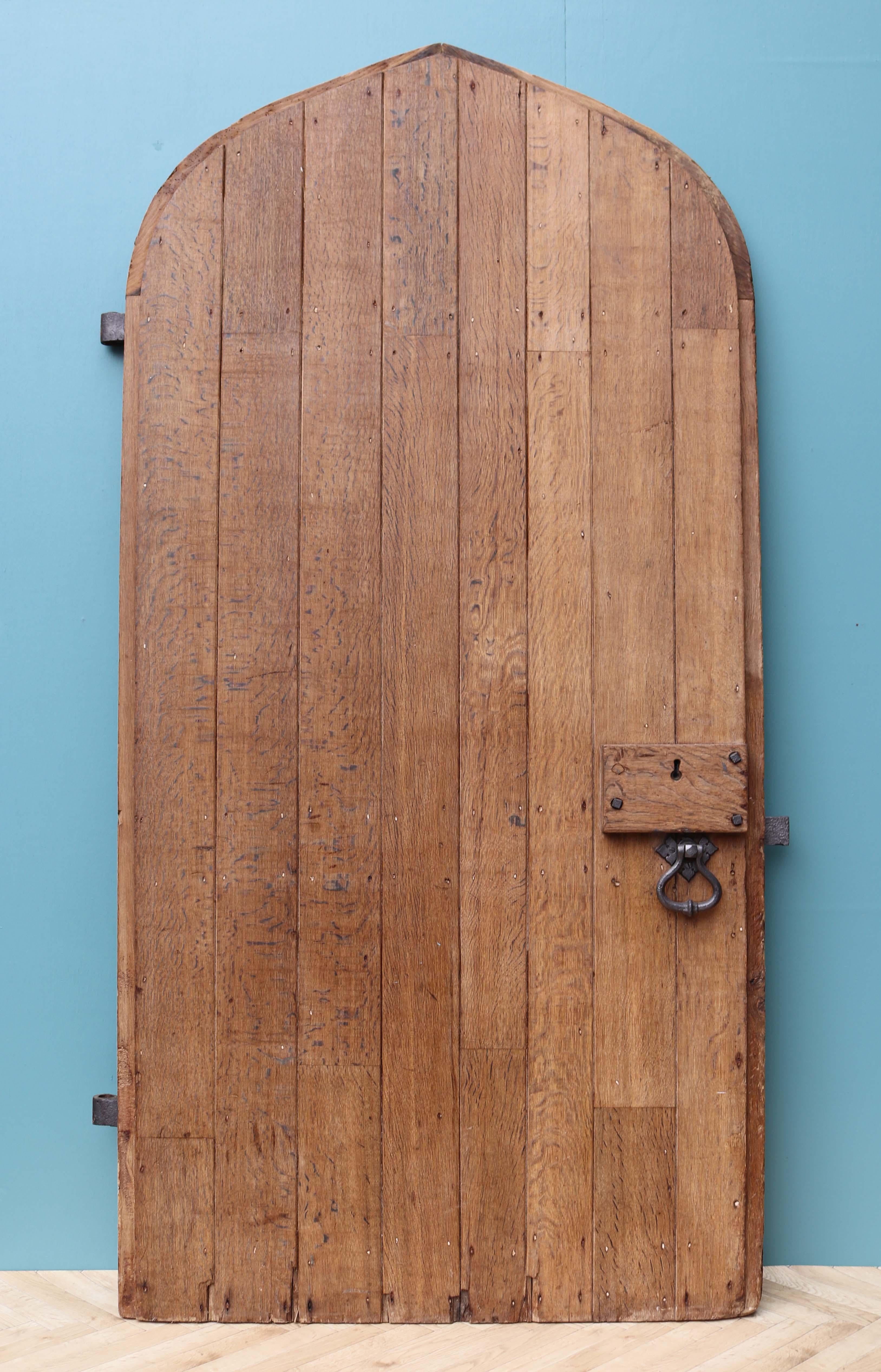 A characterful door, salvaged from a property in Oxfordshire. Natural wood appearance, working latch and handles.

 

Condition report

Good structural condition. There are few wood worm holes to the top left of the arch, not affecting