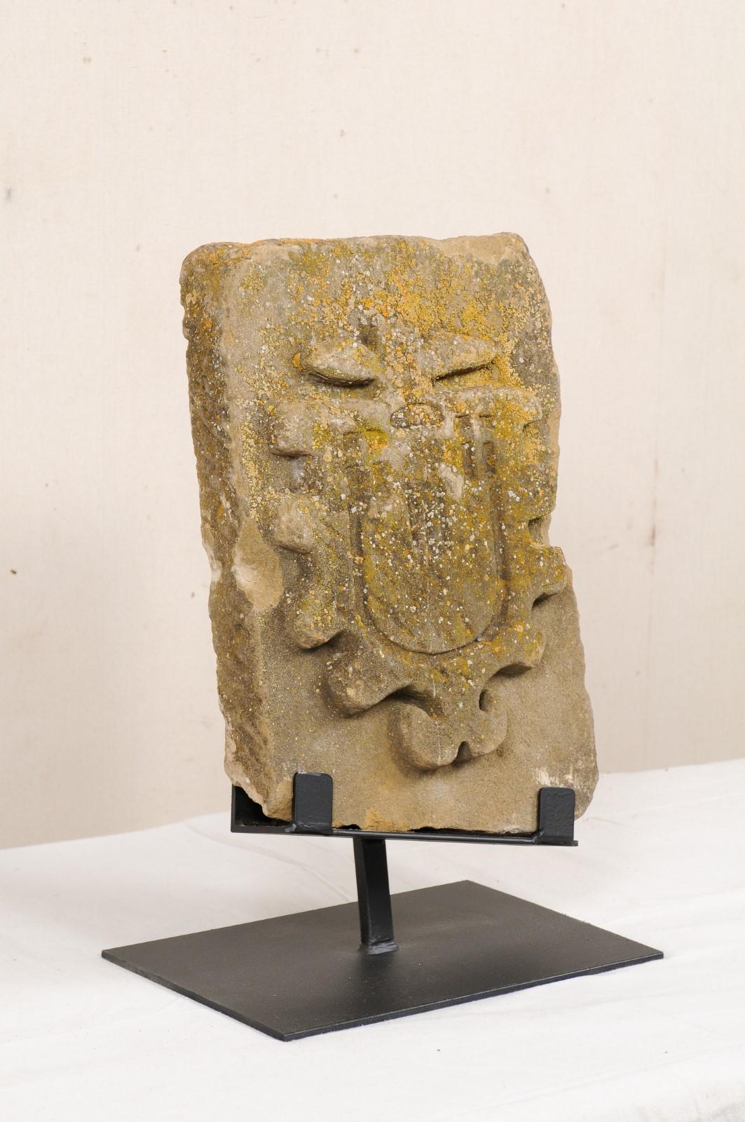 18th Century and Earlier An Antique Architectural Carved Stone Fragment From Aragon Spain On Custom Stand For Sale