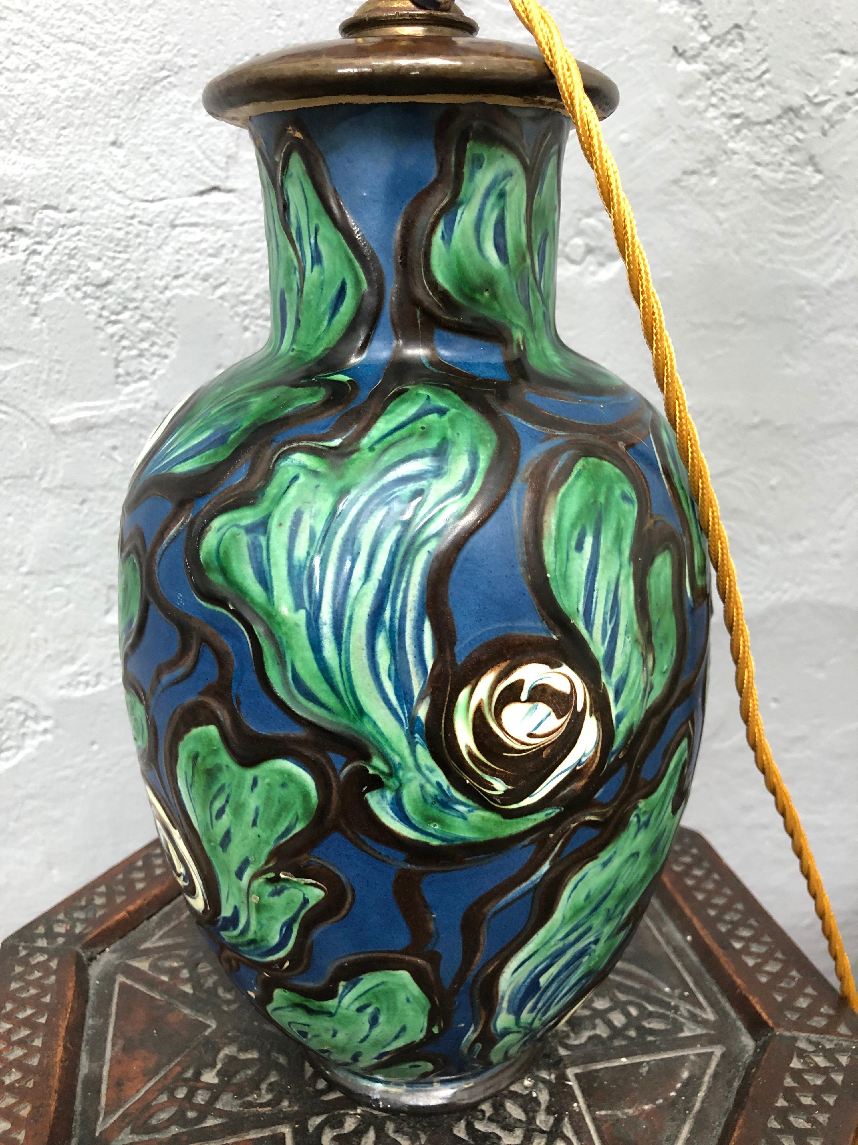 Antique Art Nouveau Painted Pottery Table Lamp by Herman A. Kähler 4