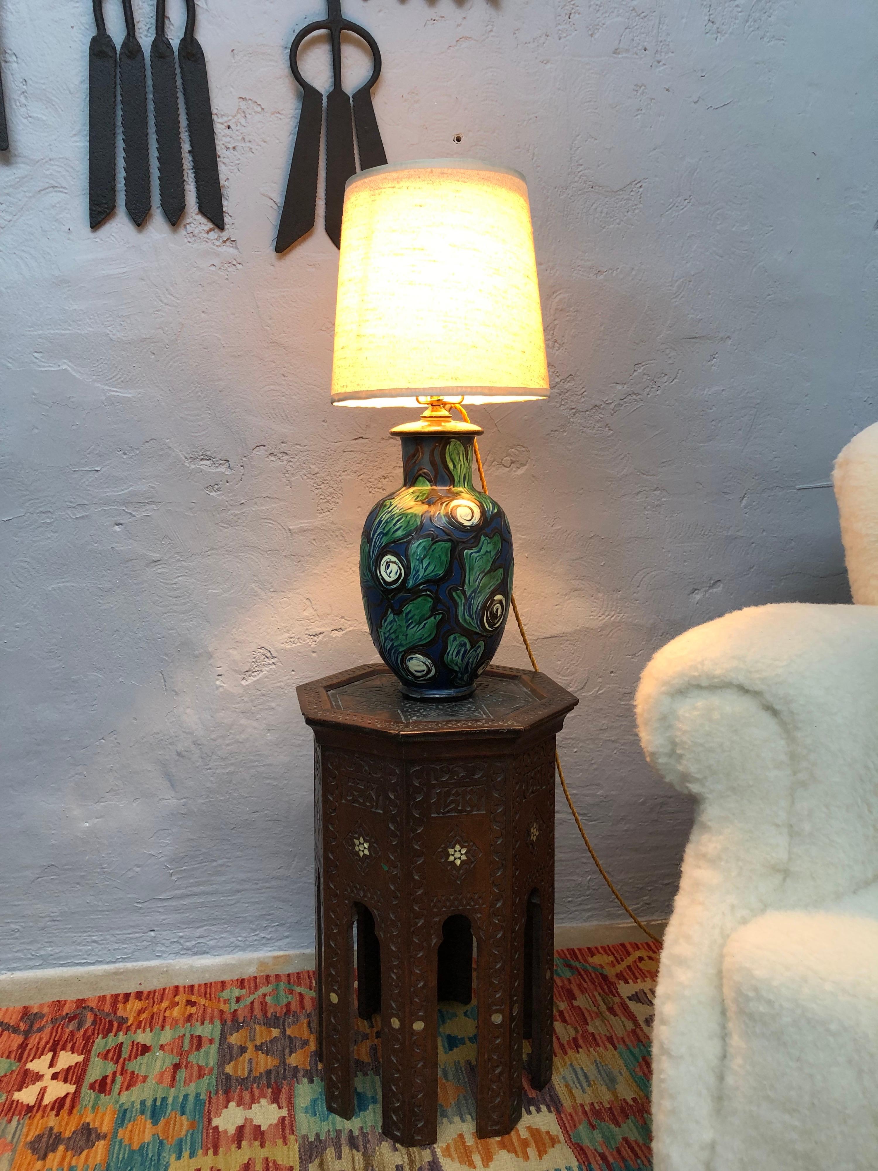 Danish Antique Art Nouveau Painted Pottery Table Lamp by Herman A. Kähler