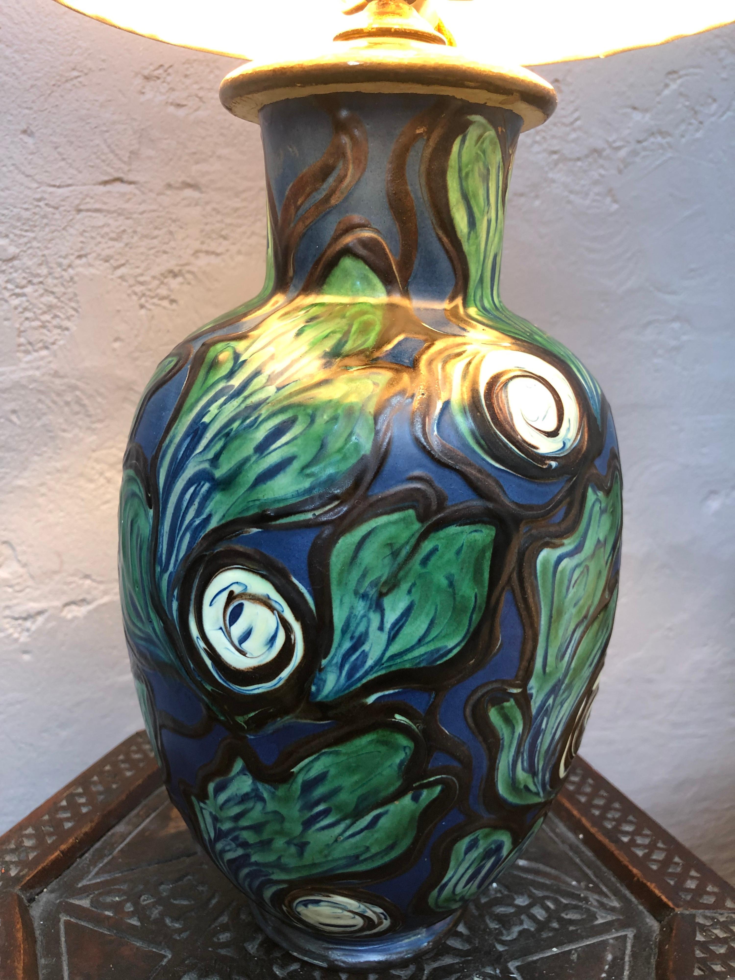 Antique Art Nouveau Painted Pottery Table Lamp by Herman A. Kähler In Good Condition In Søborg, DK