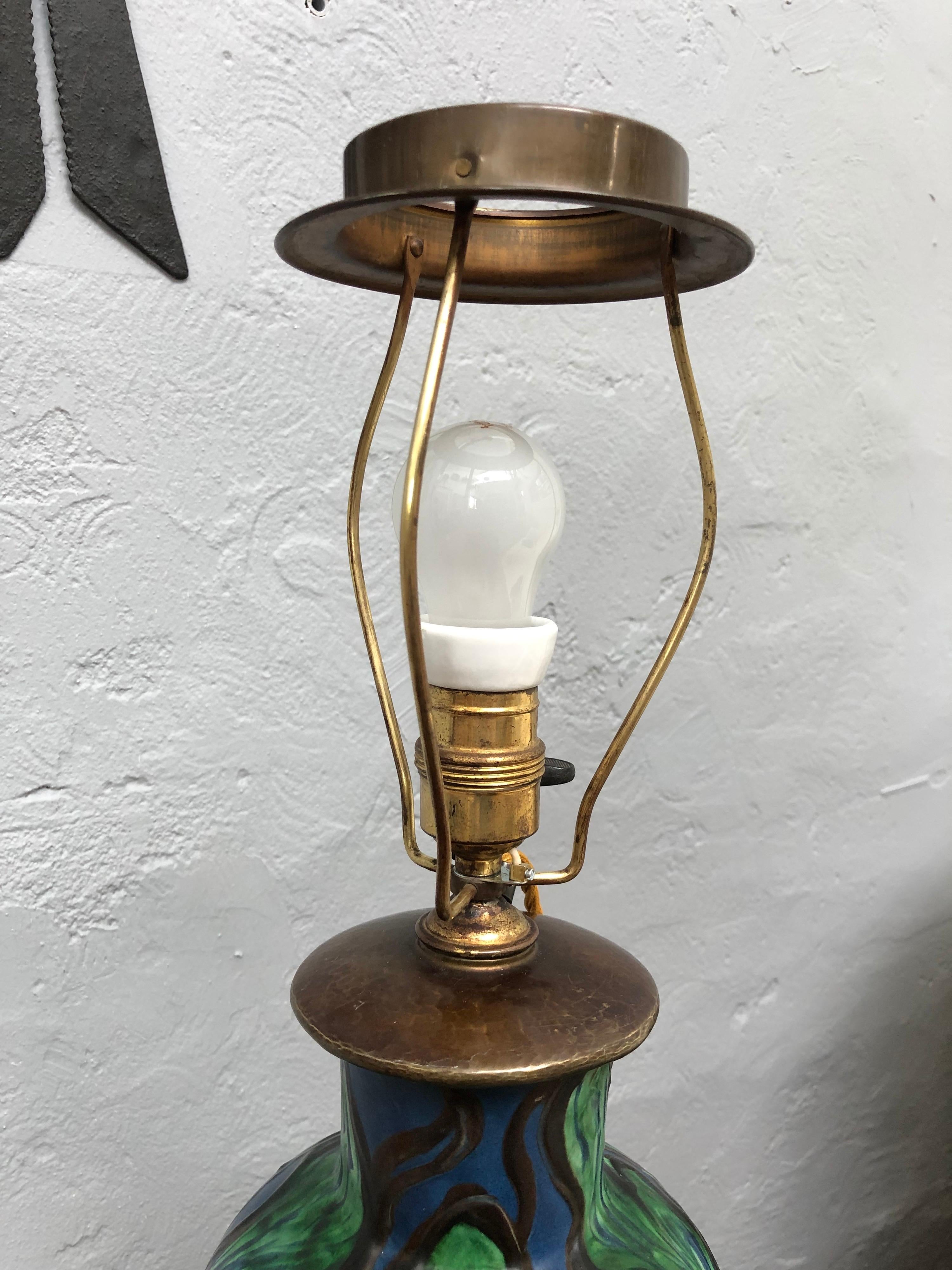 Antique Art Nouveau Painted Pottery Table Lamp by Herman A. Kähler 1