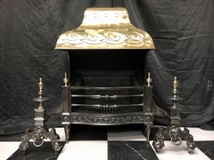 19th Century  Baroque Hooded Victorian Cast Iron and Brass Fire Grate Basket