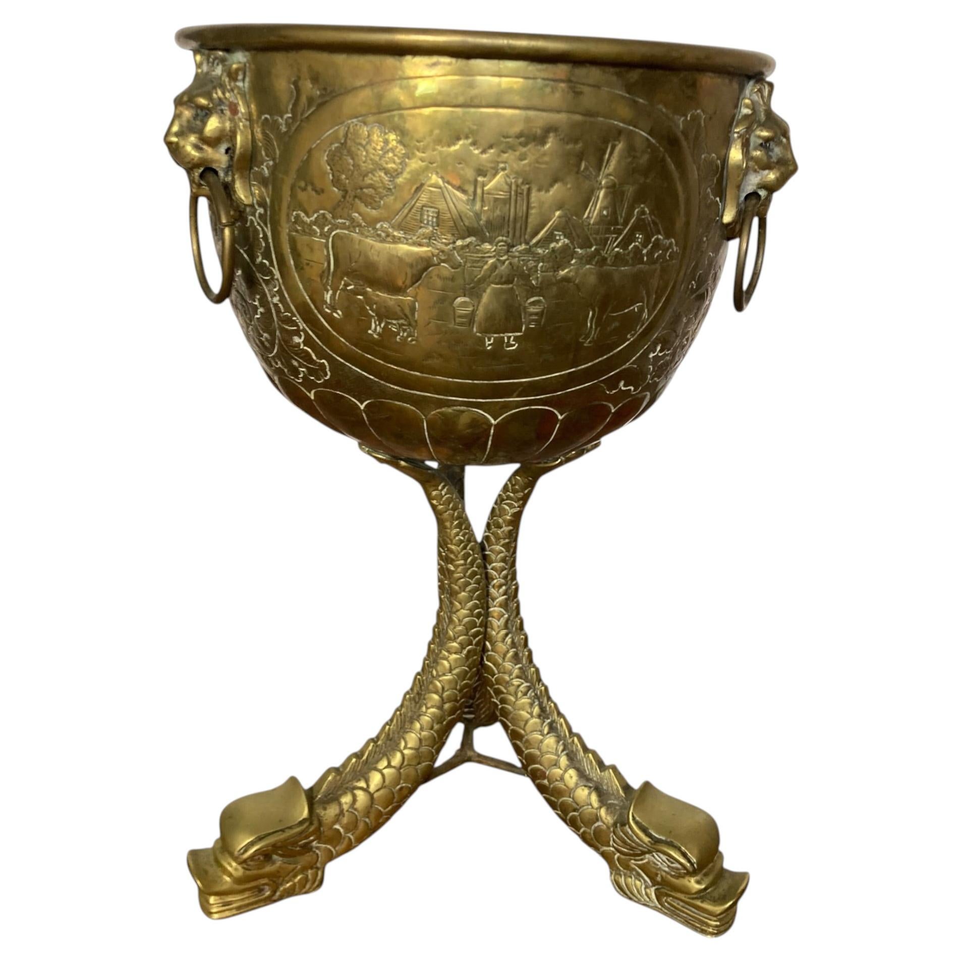 Antique Brass Jardinière, Rococo Style, Dolphin Legs, UK, 19th Century