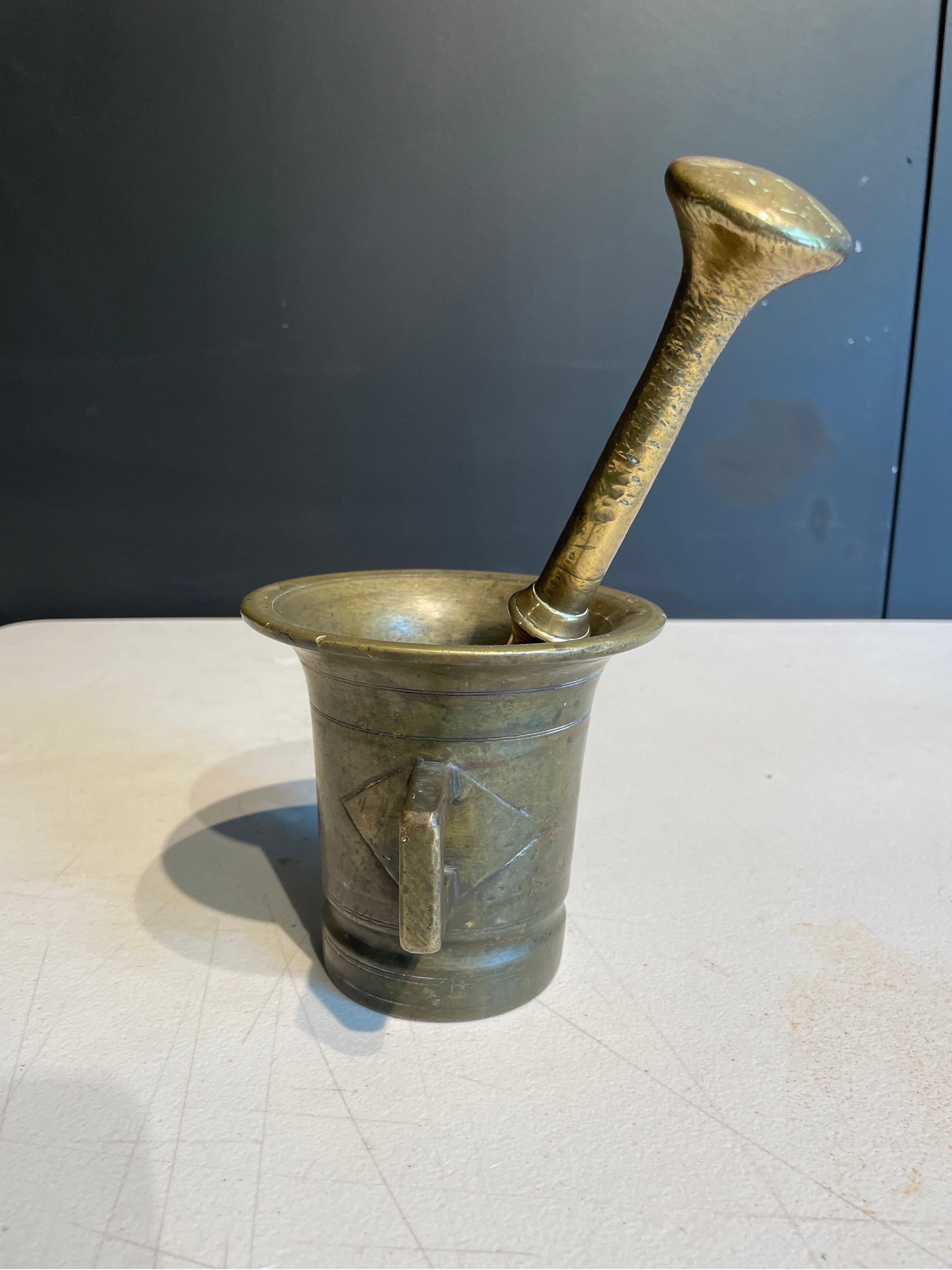 European An Antique Brass Mortar with Pestle, 19th Century For Sale