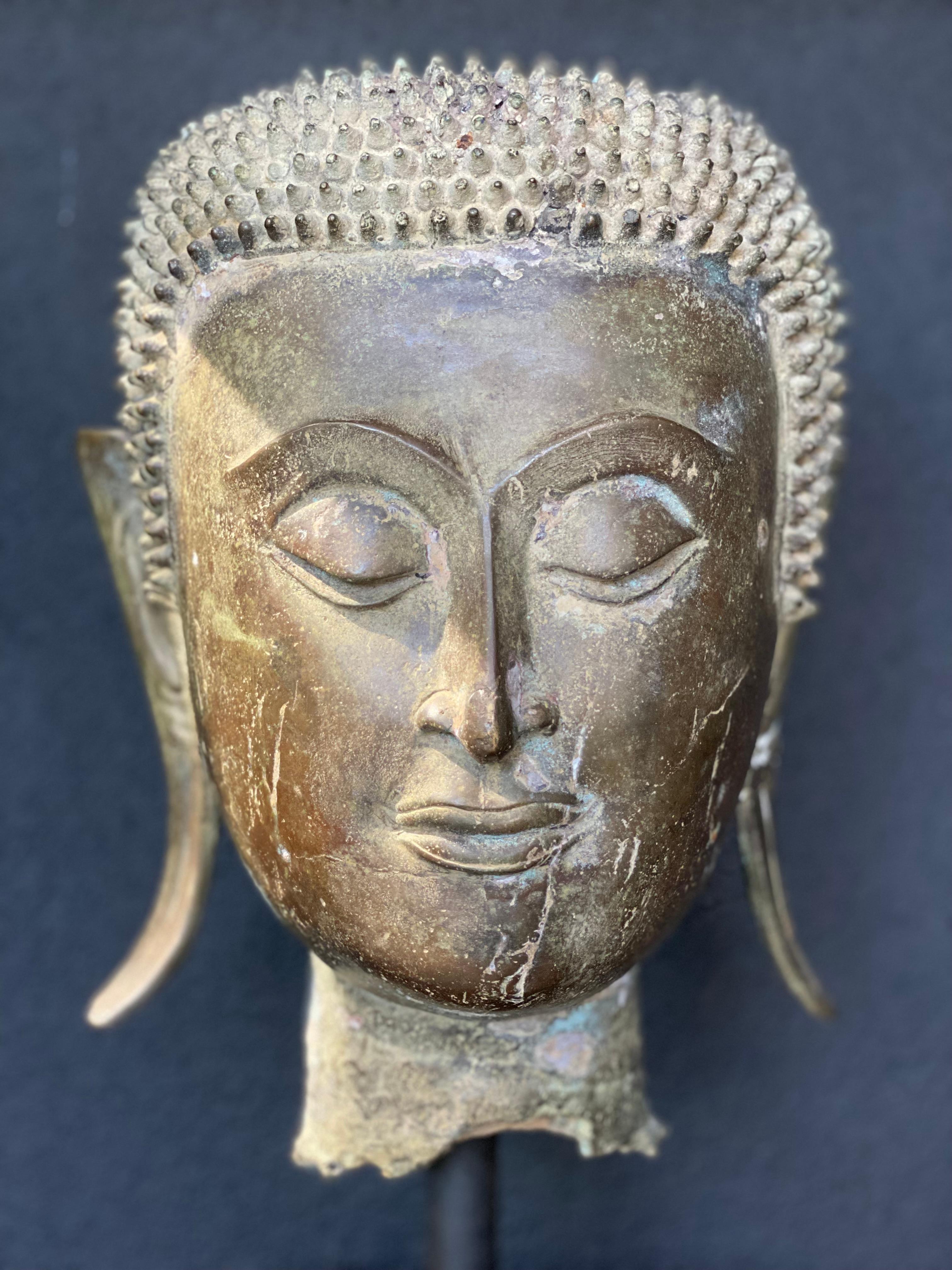 A beautiful Asian Bronze Buddha Head from Thailand,
Rattana Period Bangkok, 19 th Century,
great patina and shine of the Bronze Head, simple and serene expression of the face, due to age the back part of the head is partly missing,
powerful piece of