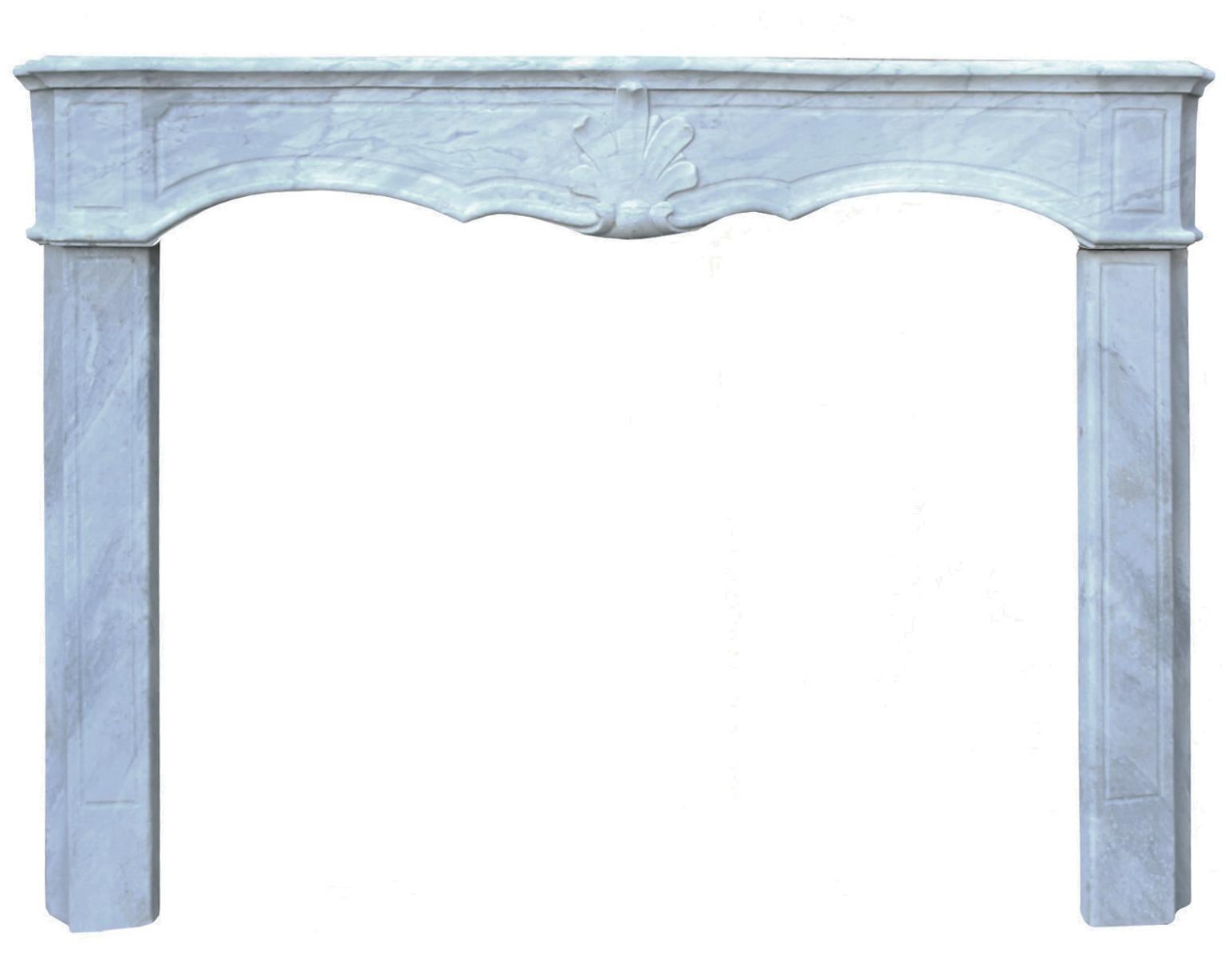 An attractive marble surround with shaped top and frieze with central shell motif.

Measures: Opening height 91.5 cm

Opening width 117 cm

Width Between Outside of Legs 151 cm.