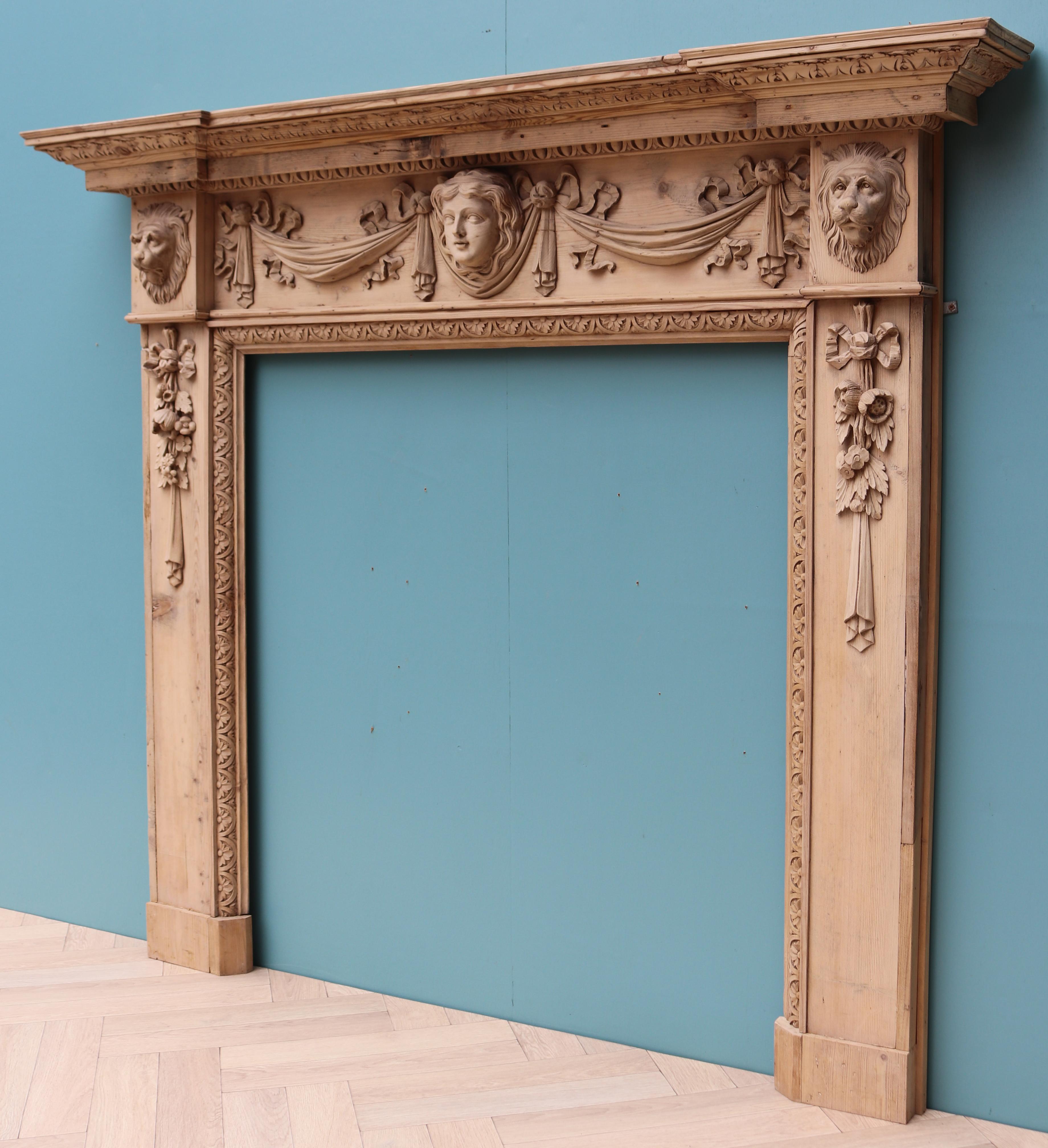 Antique Carved Pine Fire Surround in the Style of William Kent In Good Condition For Sale In Wormelow, Herefordshire