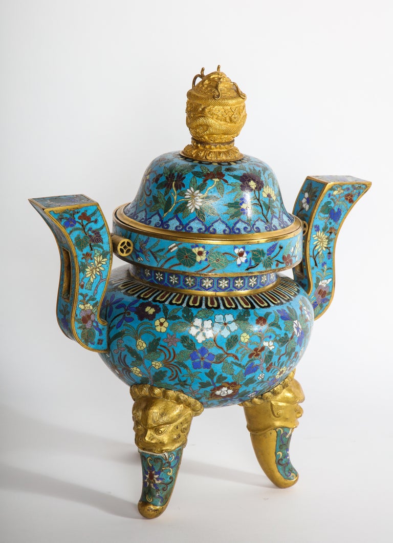 Antique Chinese Cloisonné Enamel Tripod Censor and Dragon Finial Cover