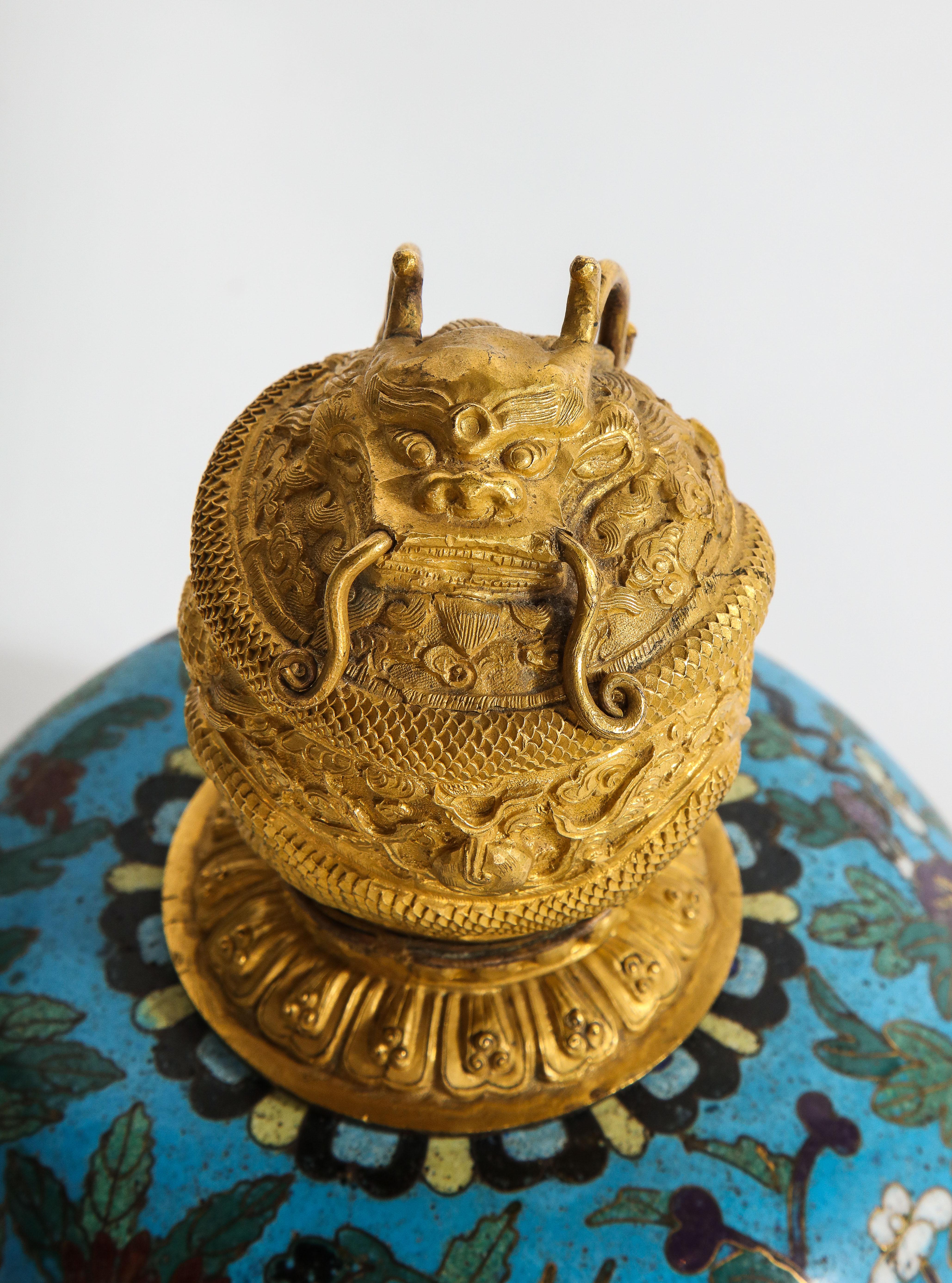 Gilt Antique Chinese Cloisonné Enamel Tripod Censor and Dragon Finial Cover
