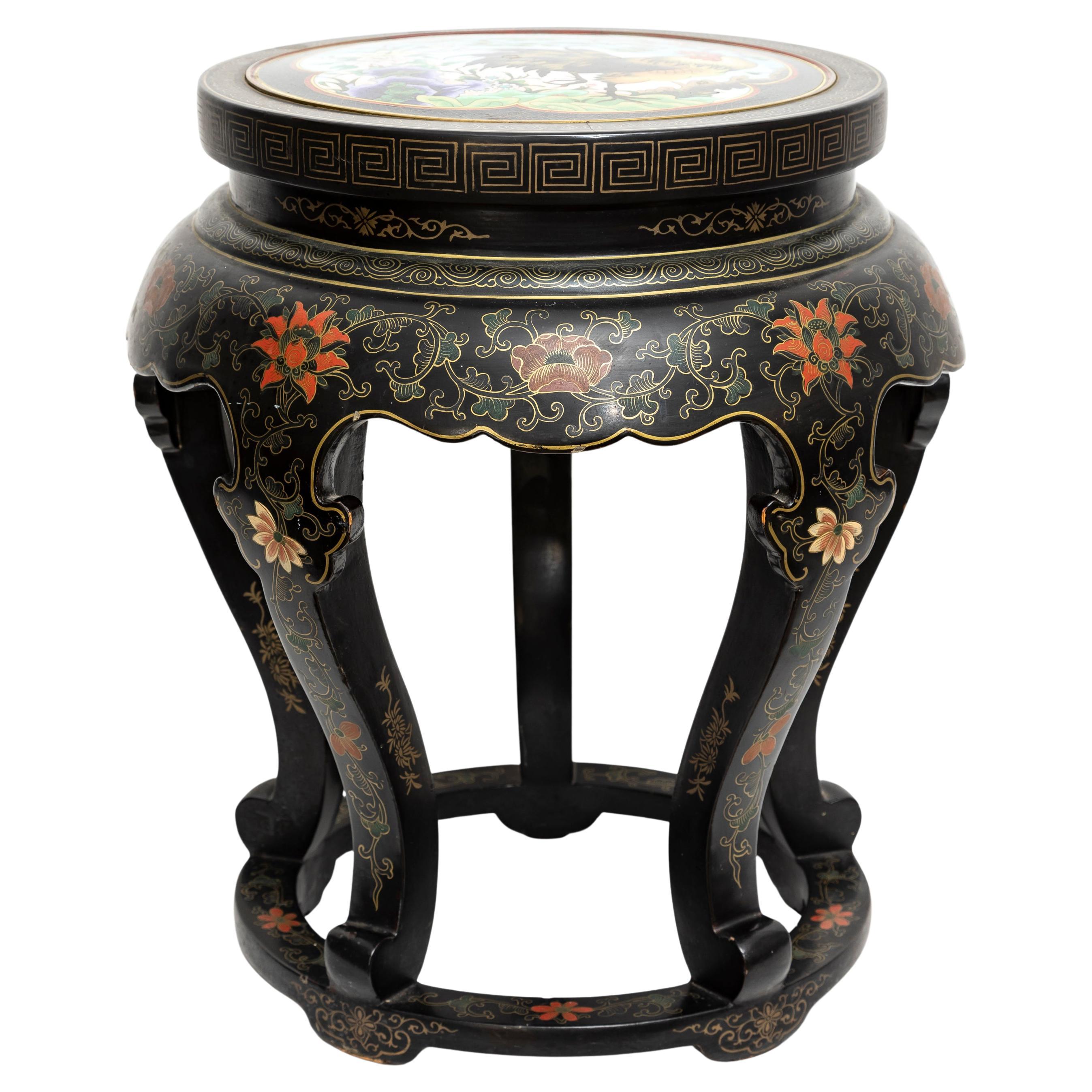 An Antique Chinese Cloisonné Pedestal/Stand with Cloisonné Rooster Inlaid Top