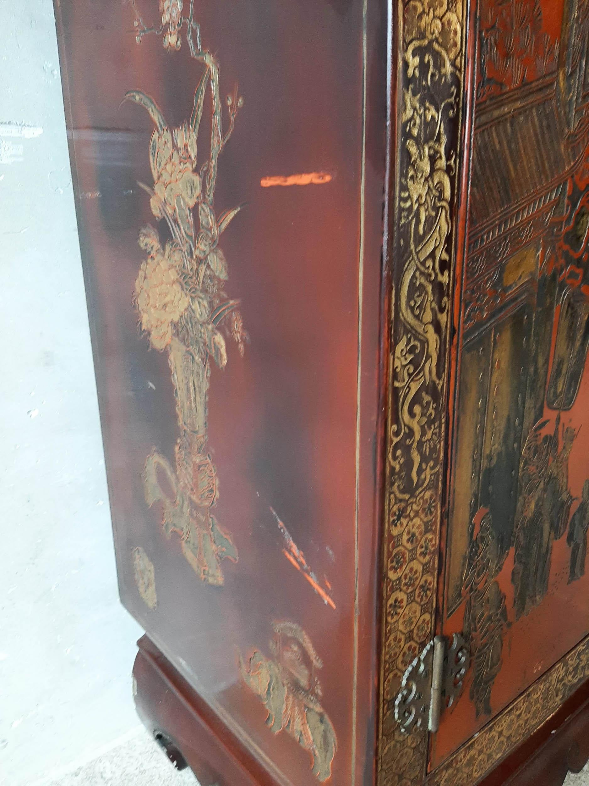 Antique Chinese Red Lacquered and Hand Painted Sideboard 6