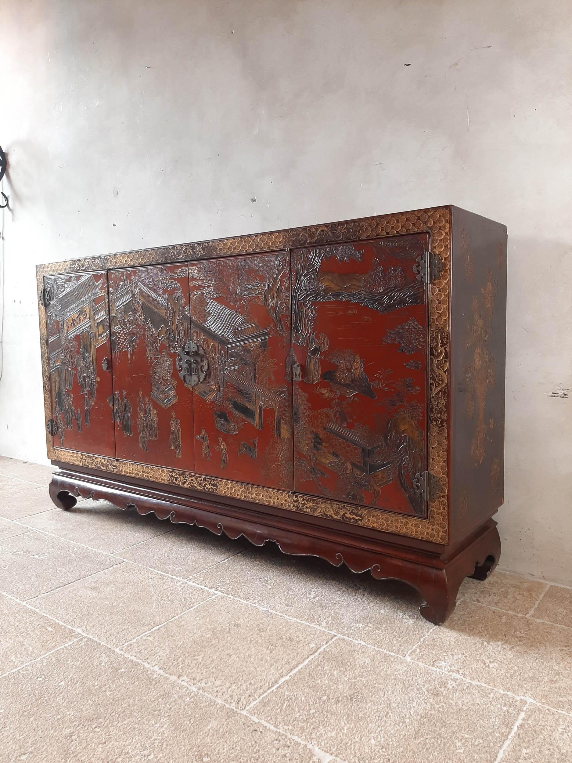 Carved Antique Chinese Red Lacquered and Hand Painted Sideboard