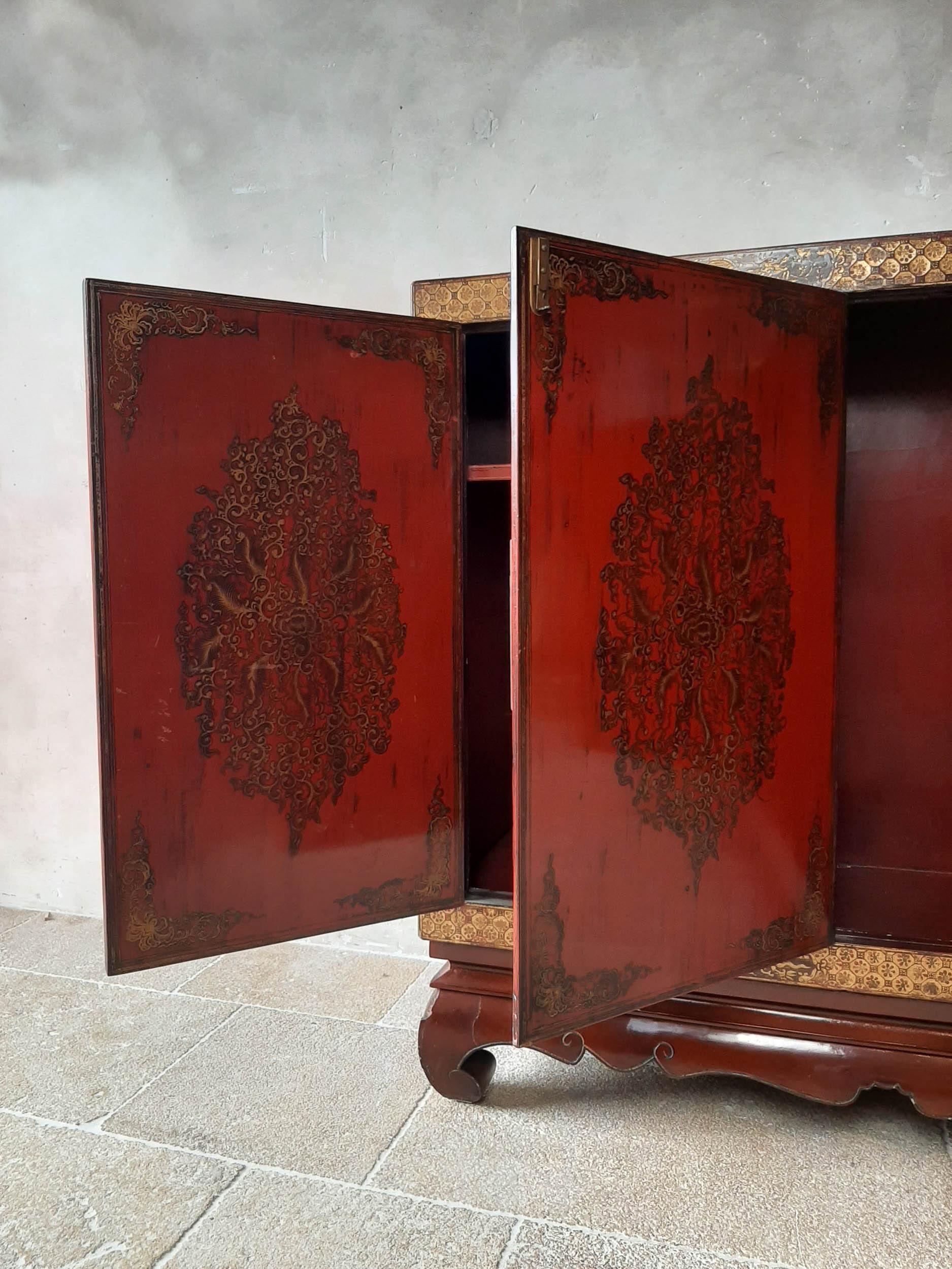 Antique Chinese Red Lacquered and Hand Painted Sideboard 1