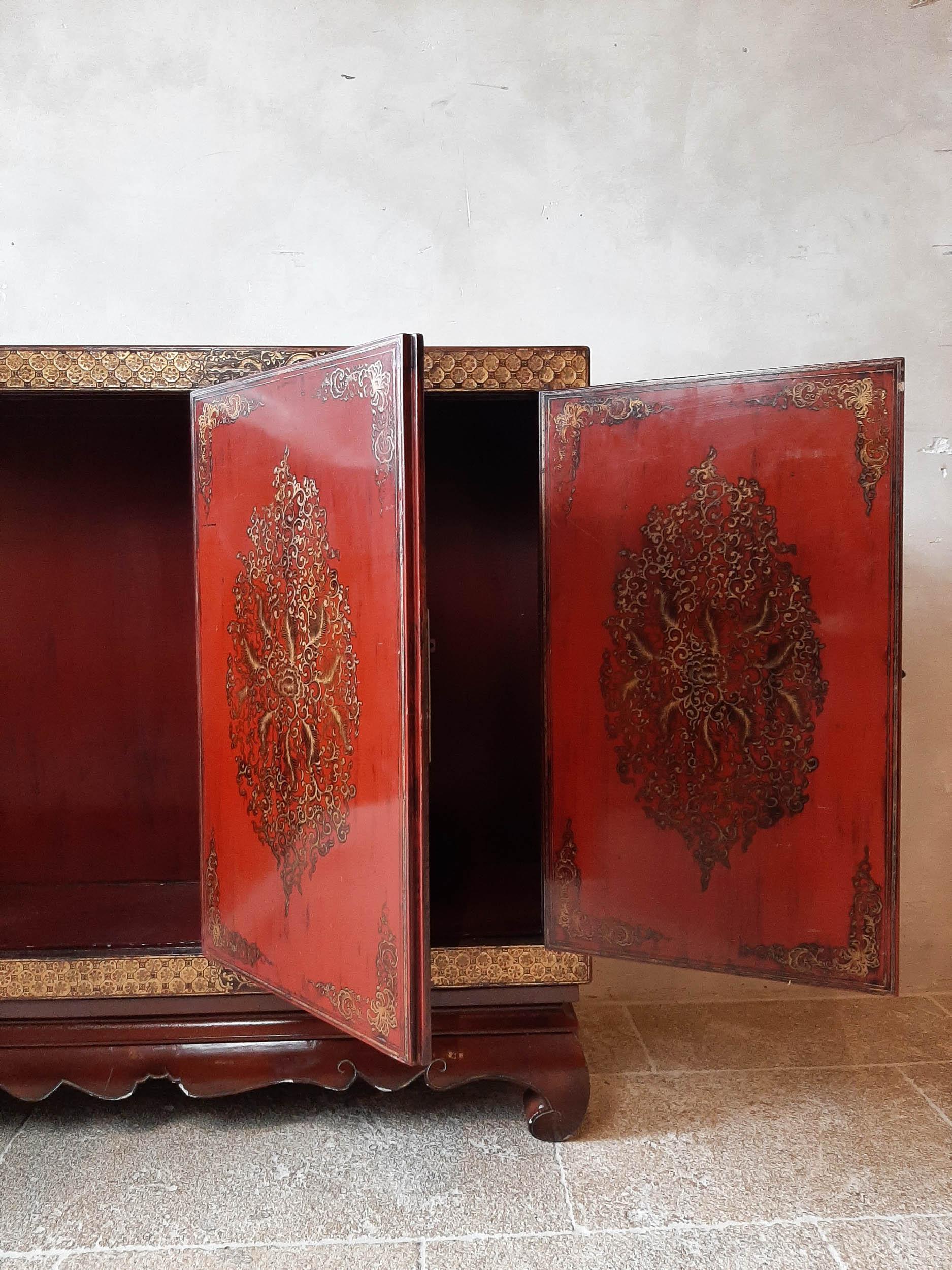Antique Chinese Red Lacquered and Hand Painted Sideboard 2