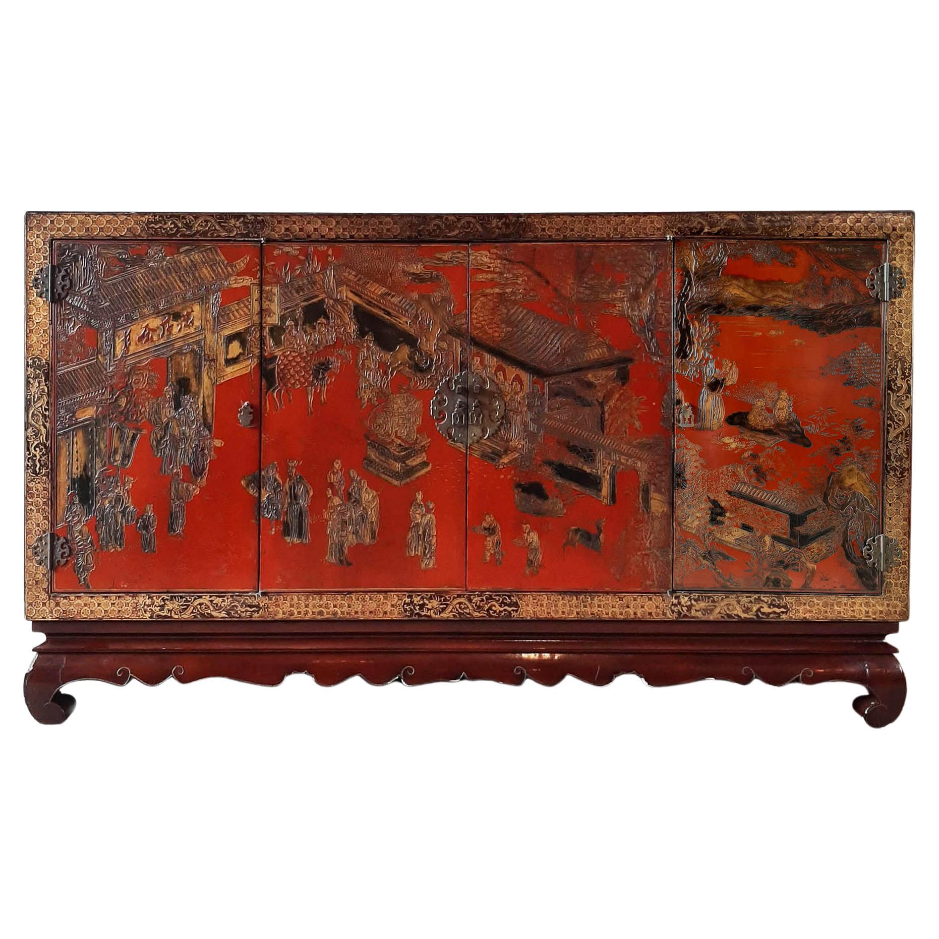 Antique Chinese Red Lacquered and Hand Painted Sideboard