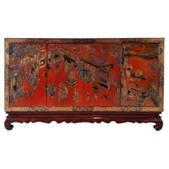Antique Chinese Red Lacquered and Hand Painted Sideboard