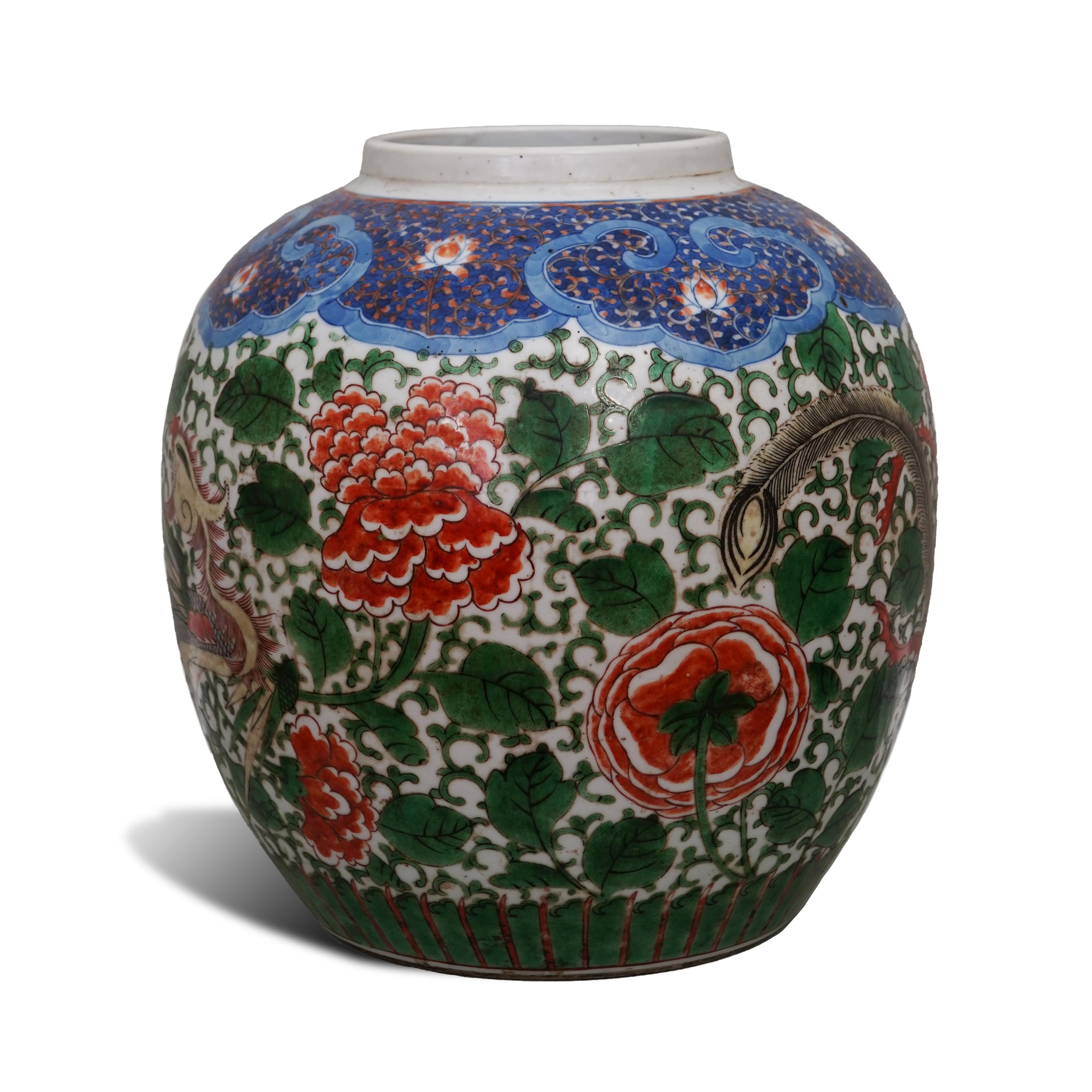 Qing Dynasty, 19th century
Enamelled porcelain
21.5 cm. / 8 ½ ins high
The base with old brown collector’s label with letters: ‘DQH ZBN’.

This beautiful enamelled jar, dating to the Qing dynasty in the 19th century, has a short rim and ovoid body