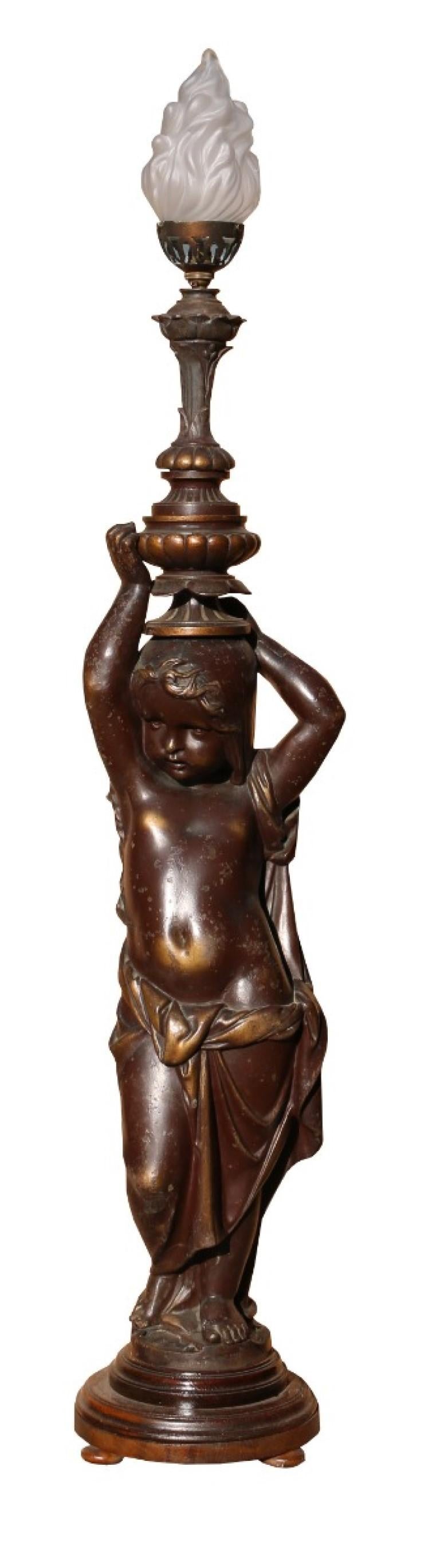 A cold painted, bronzed, cast iron Baroque style figure of a young girl, almost certainly made by the Coalbrookdale Foundry.  The design produced by Coalbrookdale as a fountain base and torchiere. Circa 1850.