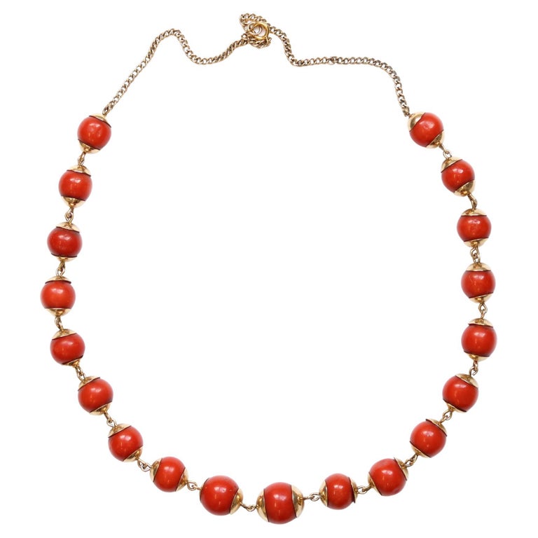 An Antique Coral Bead Station Necklace set in 14 Karat Yellow Gold For Sale  at 1stDibs