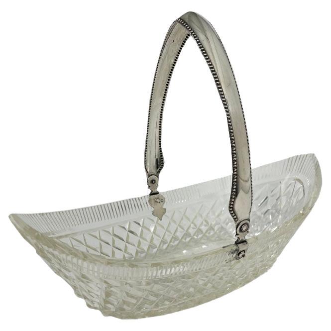 Antique Crystal Boat-Shaped Dish with a Dutch Silver Handle For Sale