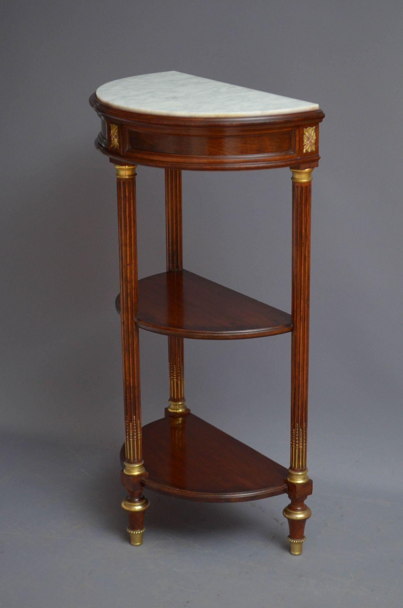 Sn5520 An attractive turn of the century half moon hall table in deep rich mahogany, having original white and veined marble top above a panelled frieze enclosing a secret drawer flanked by ormolu acanthus leaves, all standing on three reeded legs