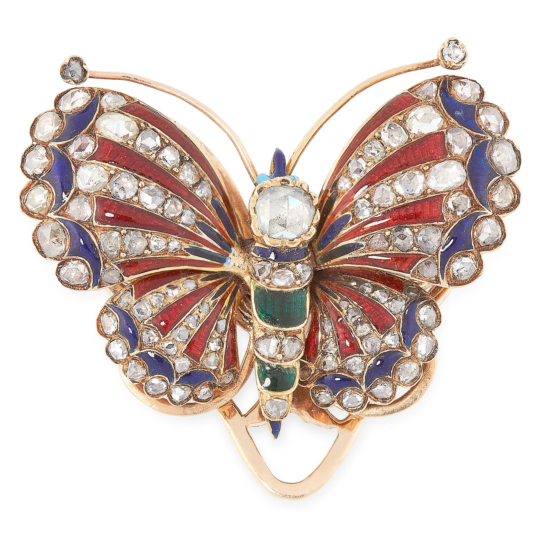 Women's or Men's Antique Diamond and Enamel Butterfly Clip Brooch For Sale
