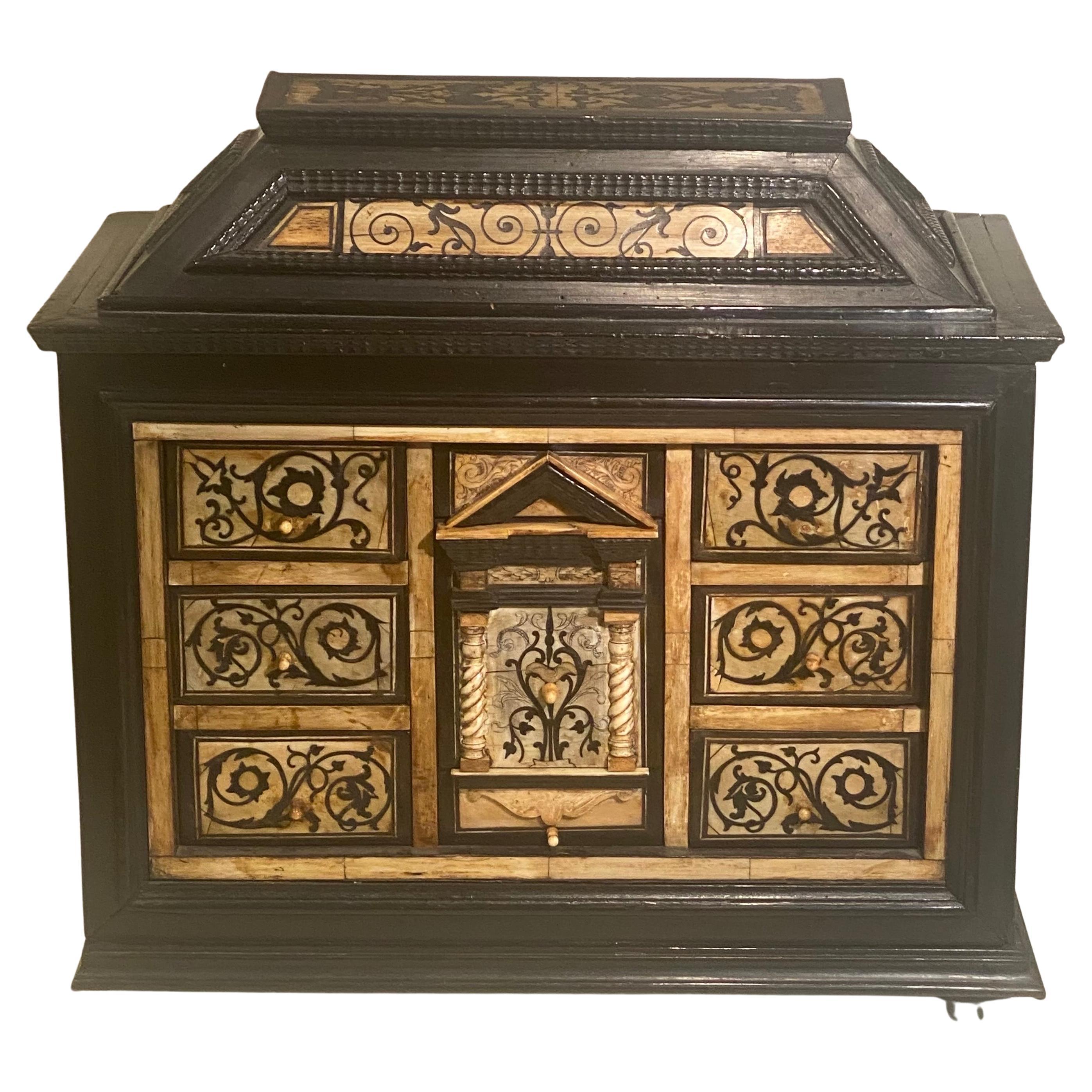 An Antique Ebony and Ivory Table Cabinet, Late 17th Century North Italian For Sale 16