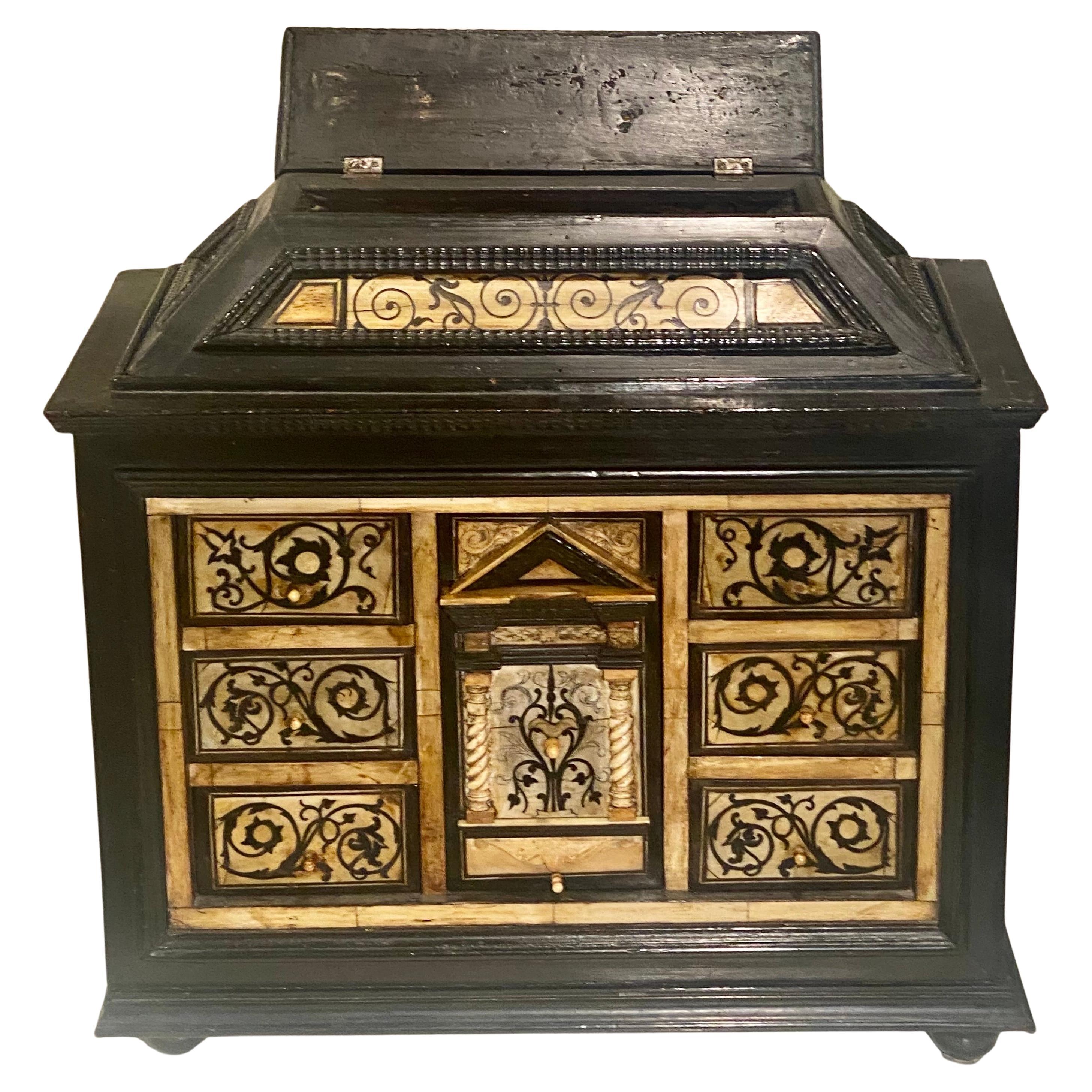An Antique Ebony and Ivory Table Cabinet, Late 17th Century North Italian For Sale 6