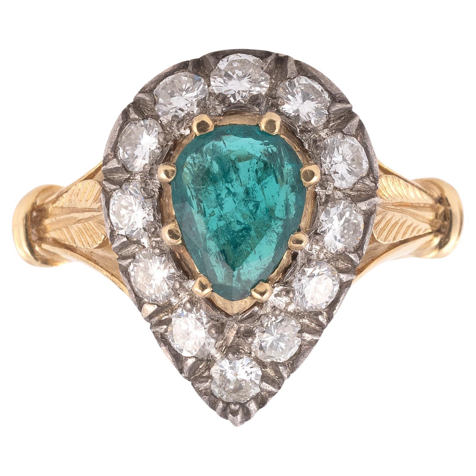 Pear Cut An Antique Emerald And Diamond Cluster Ring circa 1850 For Sale