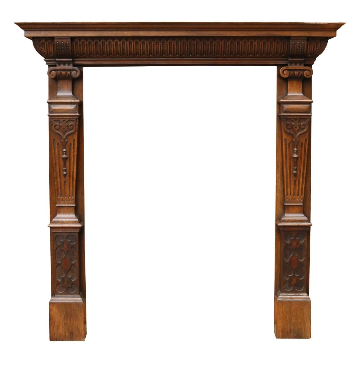 This fire surround was originally from Cheney Walk, a house designed by C R Ashbee, who was a prominent designer and architect during the Arts & Crafts Period.

Opening Height 107 cm

Opening Width 76 cm

Width Between Outside of Legs 103 cm.