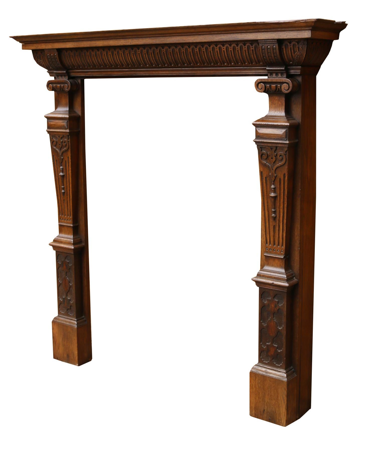 Antique English Carved Oak Fire Mantel In Good Condition For Sale In Wormelow, Herefordshire