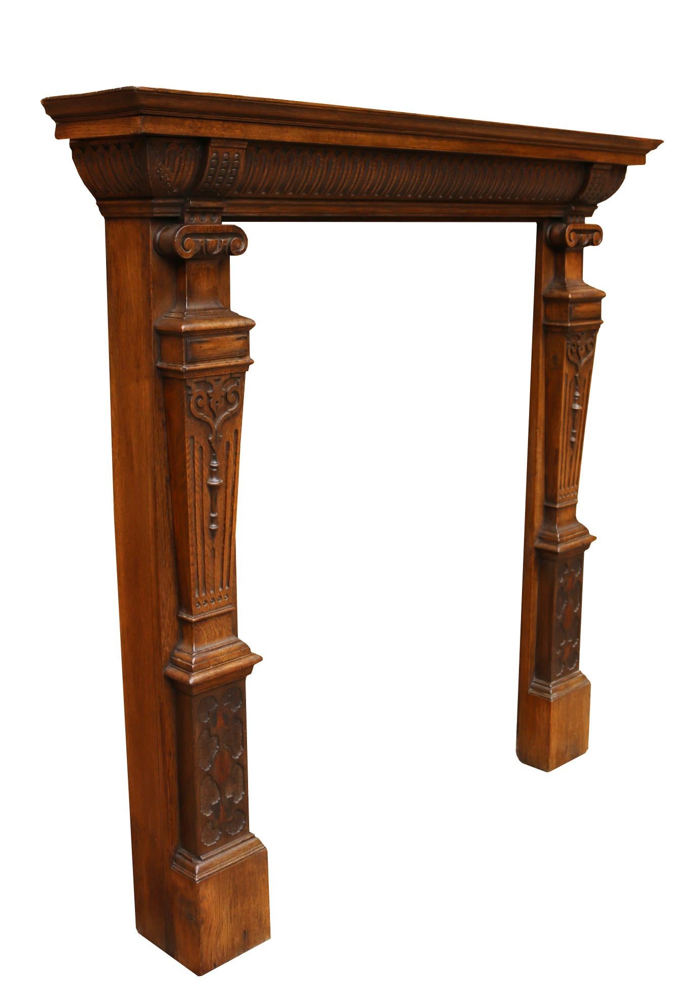 19th Century Antique English Carved Oak Fire Mantel For Sale