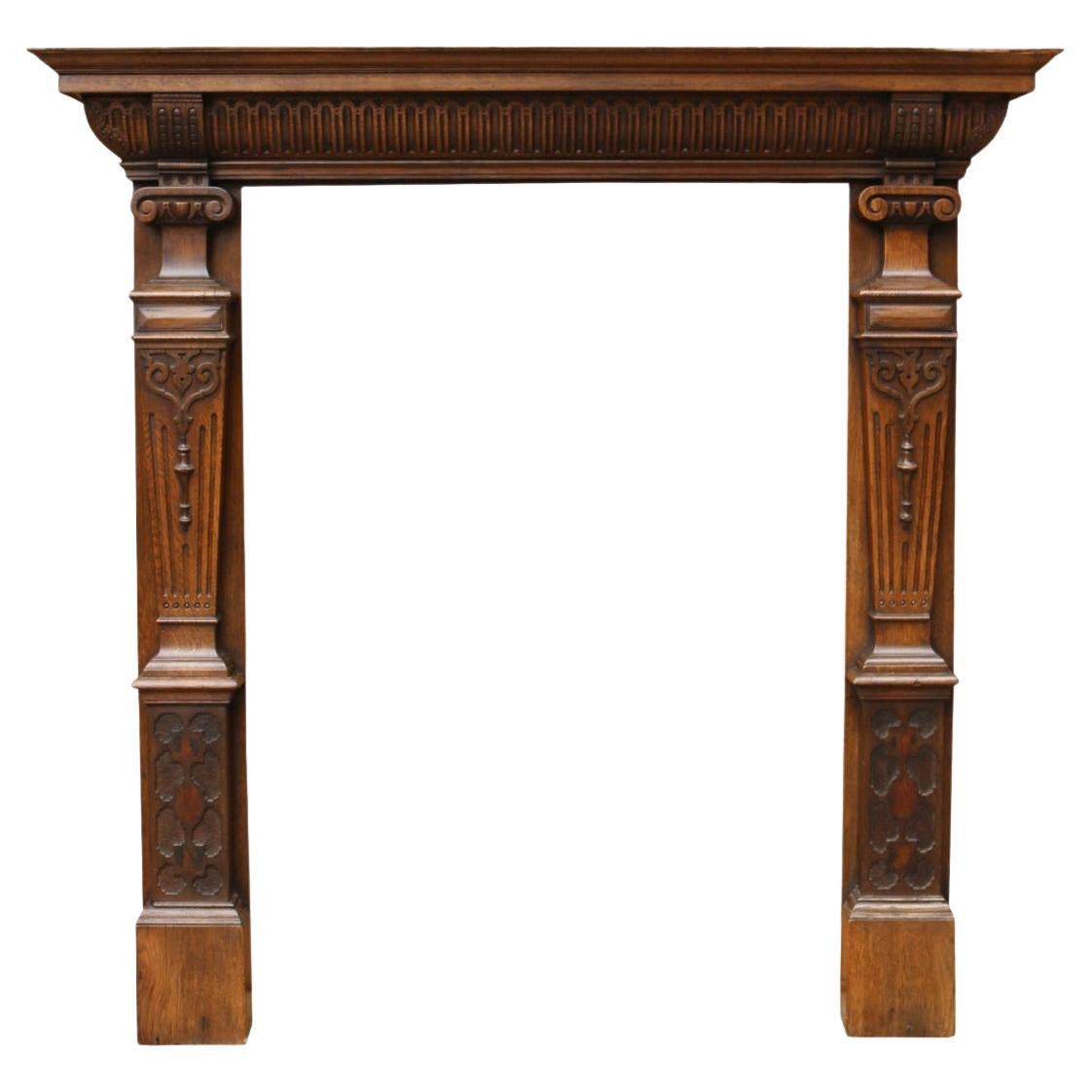 Antique English Carved Oak Fire Mantel For Sale