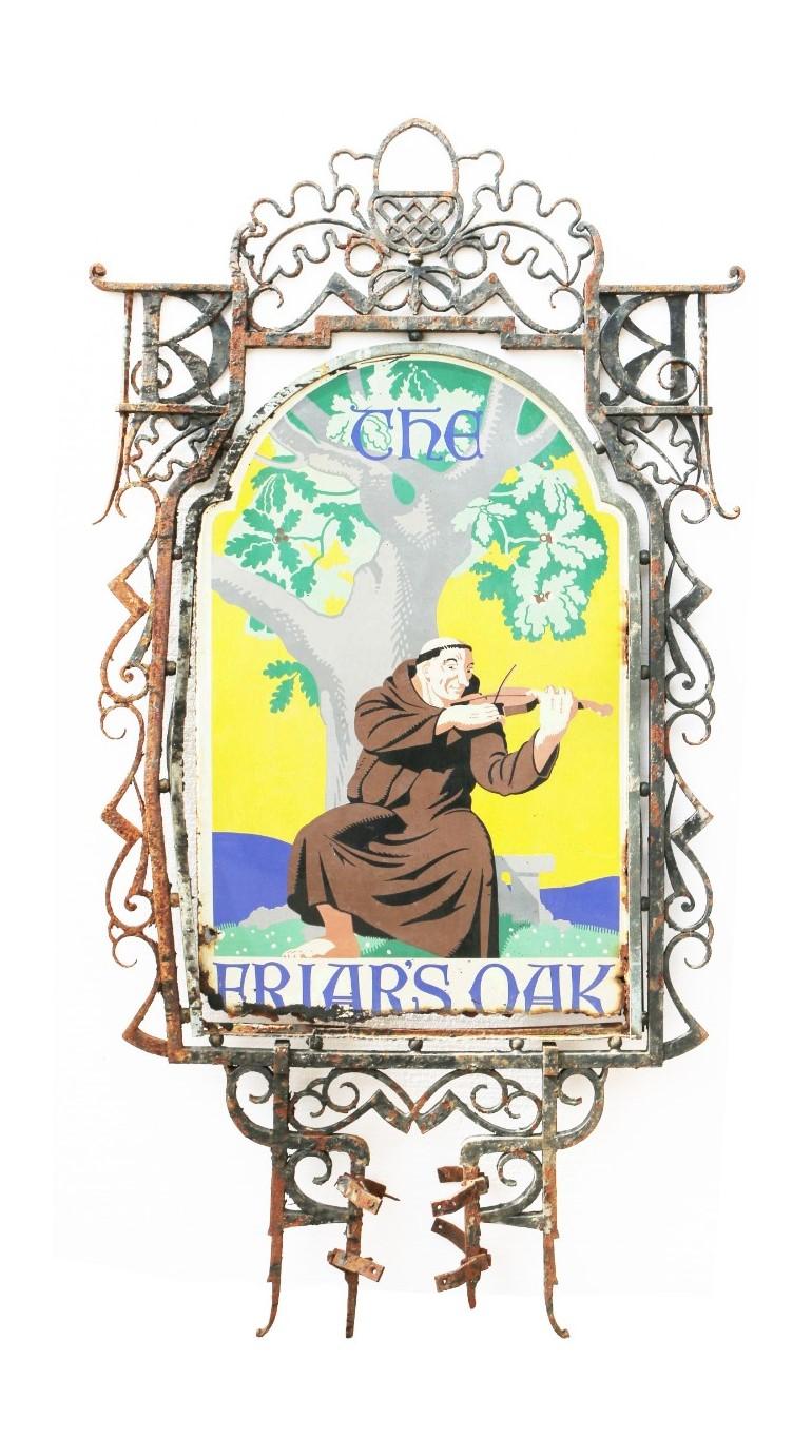 ‘The Friar’s Oak’ enamel pub sign with a wrought iron hanging bracket / frame. Reclaimed from a Public House in Shropshire. Double sided.