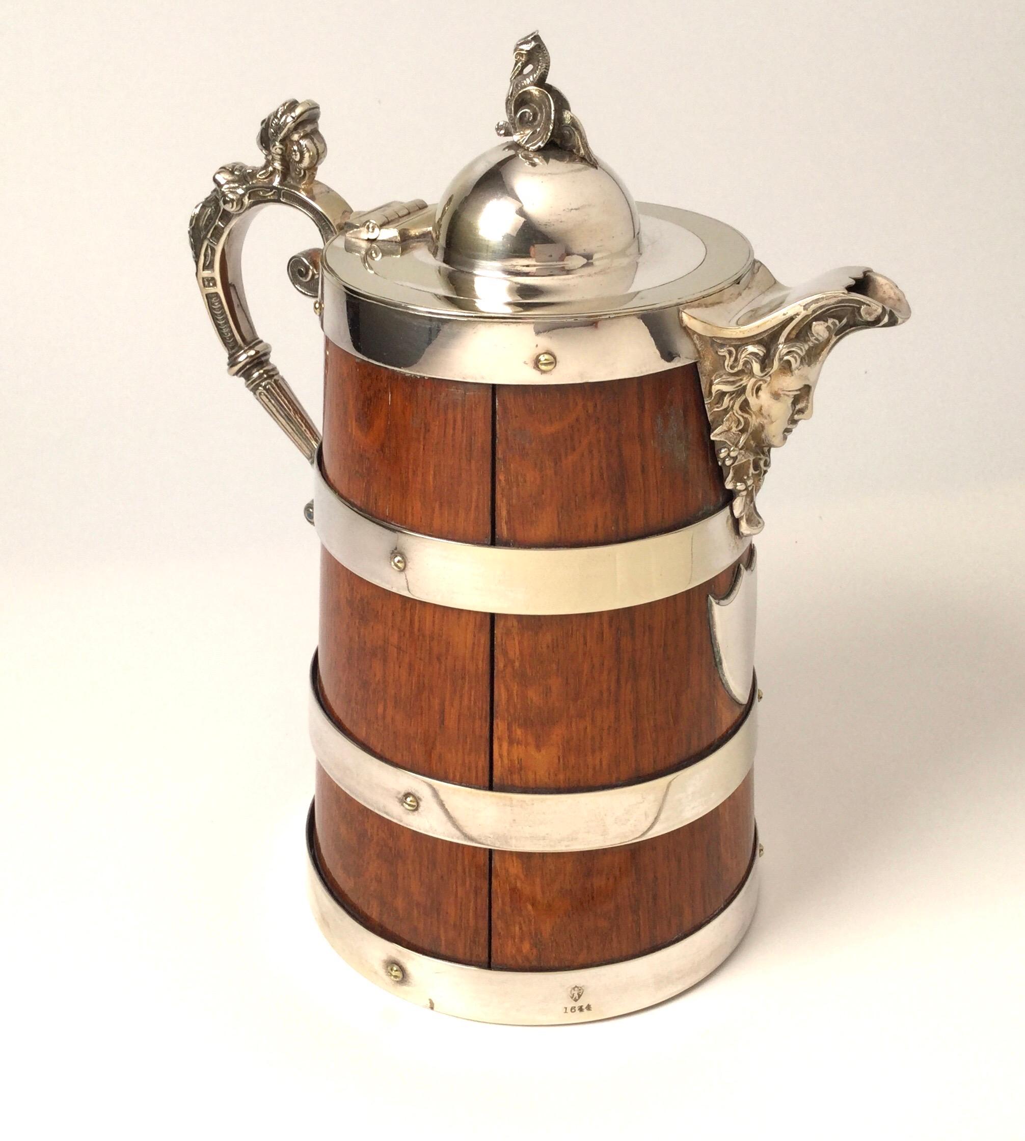 Edwardian Antique English Oak and Silver Plate Tankard