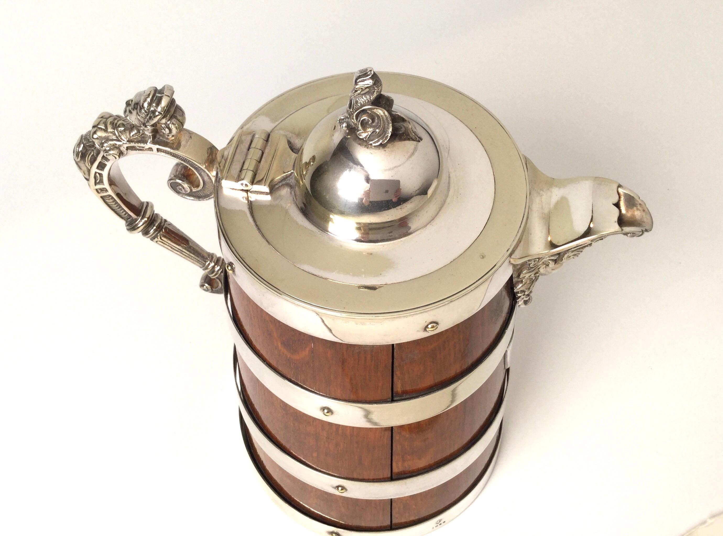 Antique English Oak and Silver Plate Tankard In Good Condition In Lambertville, NJ