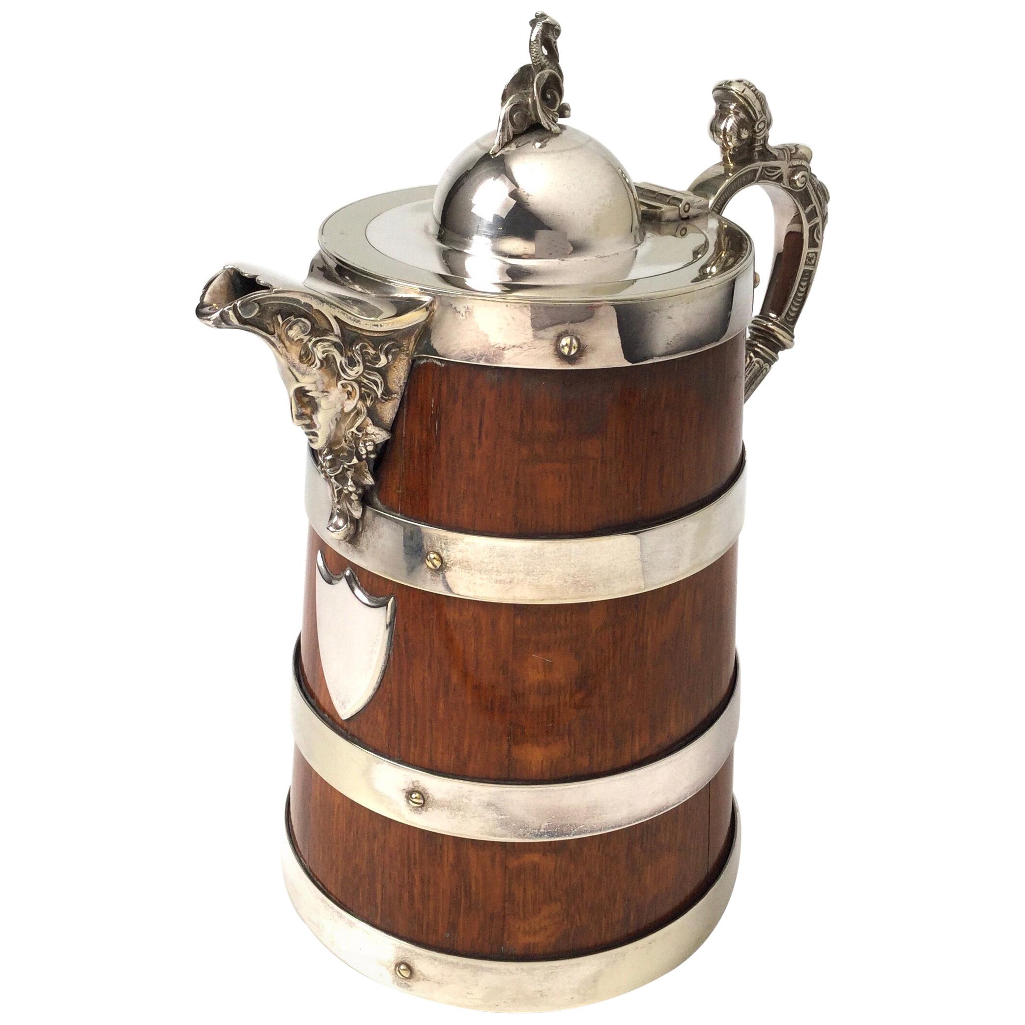 Antique English Oak and Silver Plate Tankard