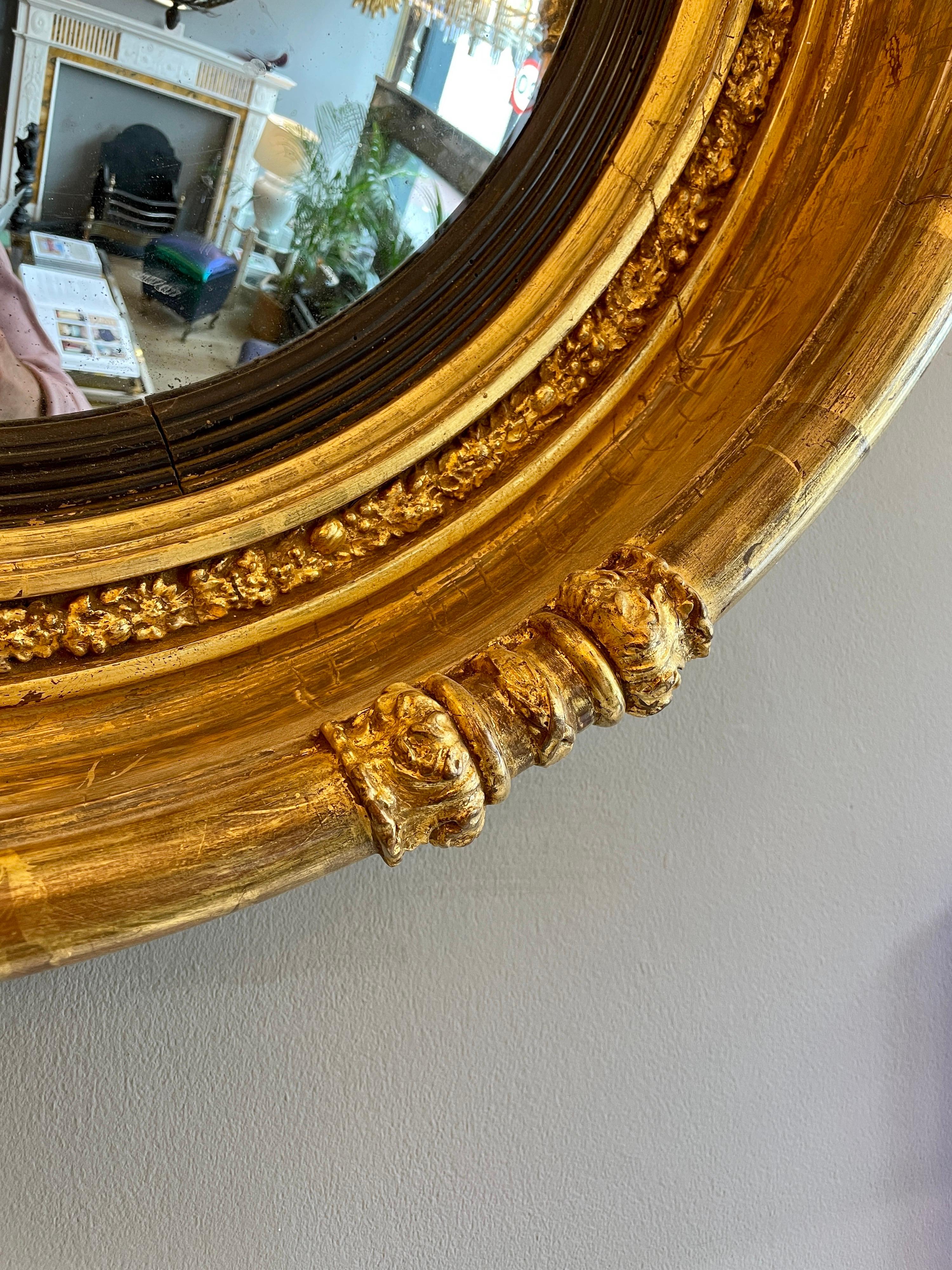 Carved Antique English Regency Gilt Convex Mirror For Sale