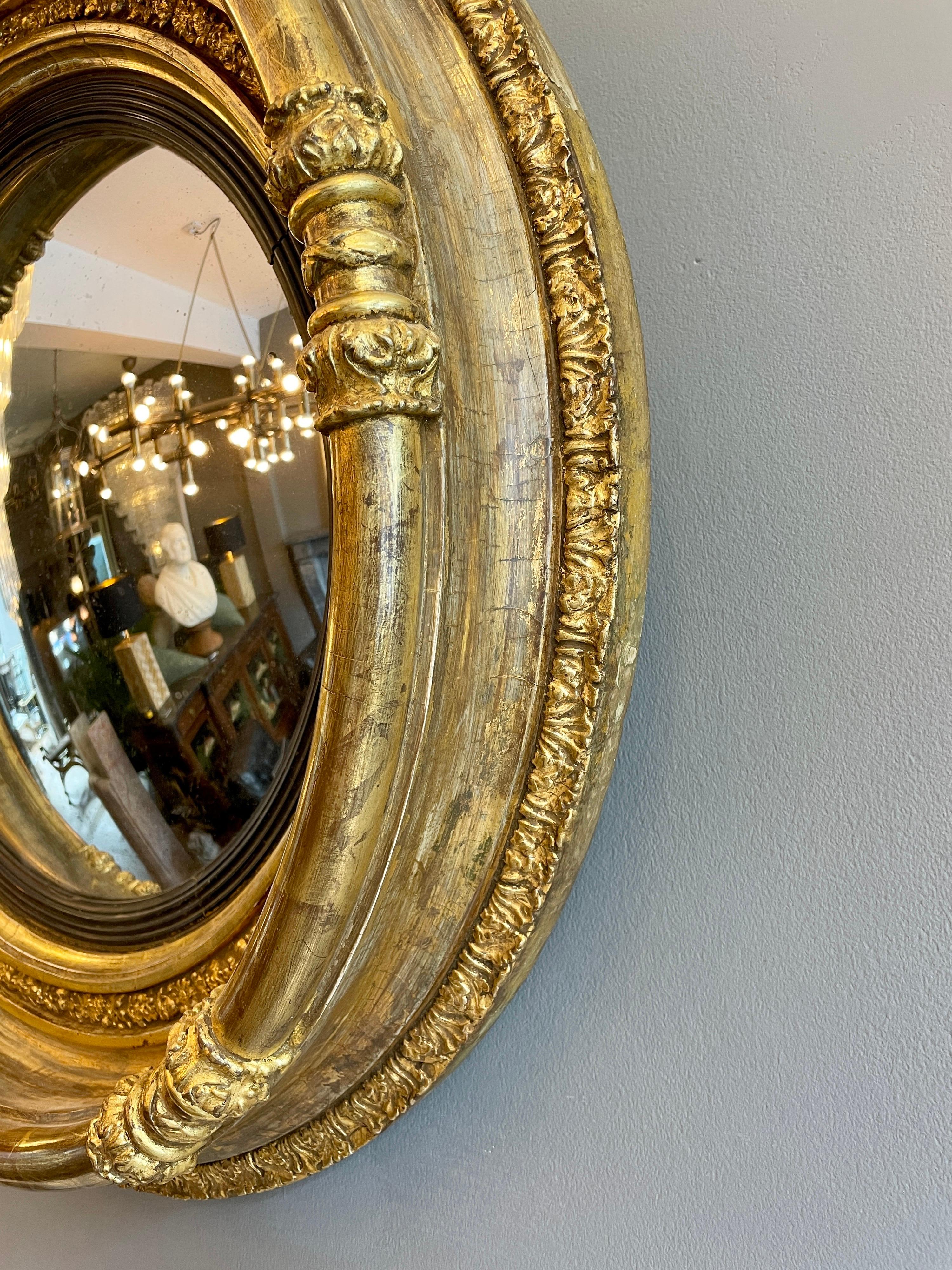 19th Century Antique English Regency Gilt Convex Mirror For Sale