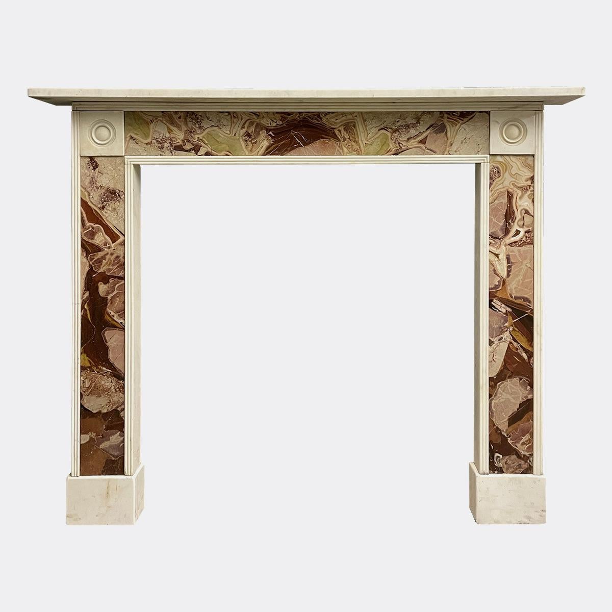 Statuary Marble Antique English Regency Style Fireplace Mantel in Statuary and Jasper Marble For Sale