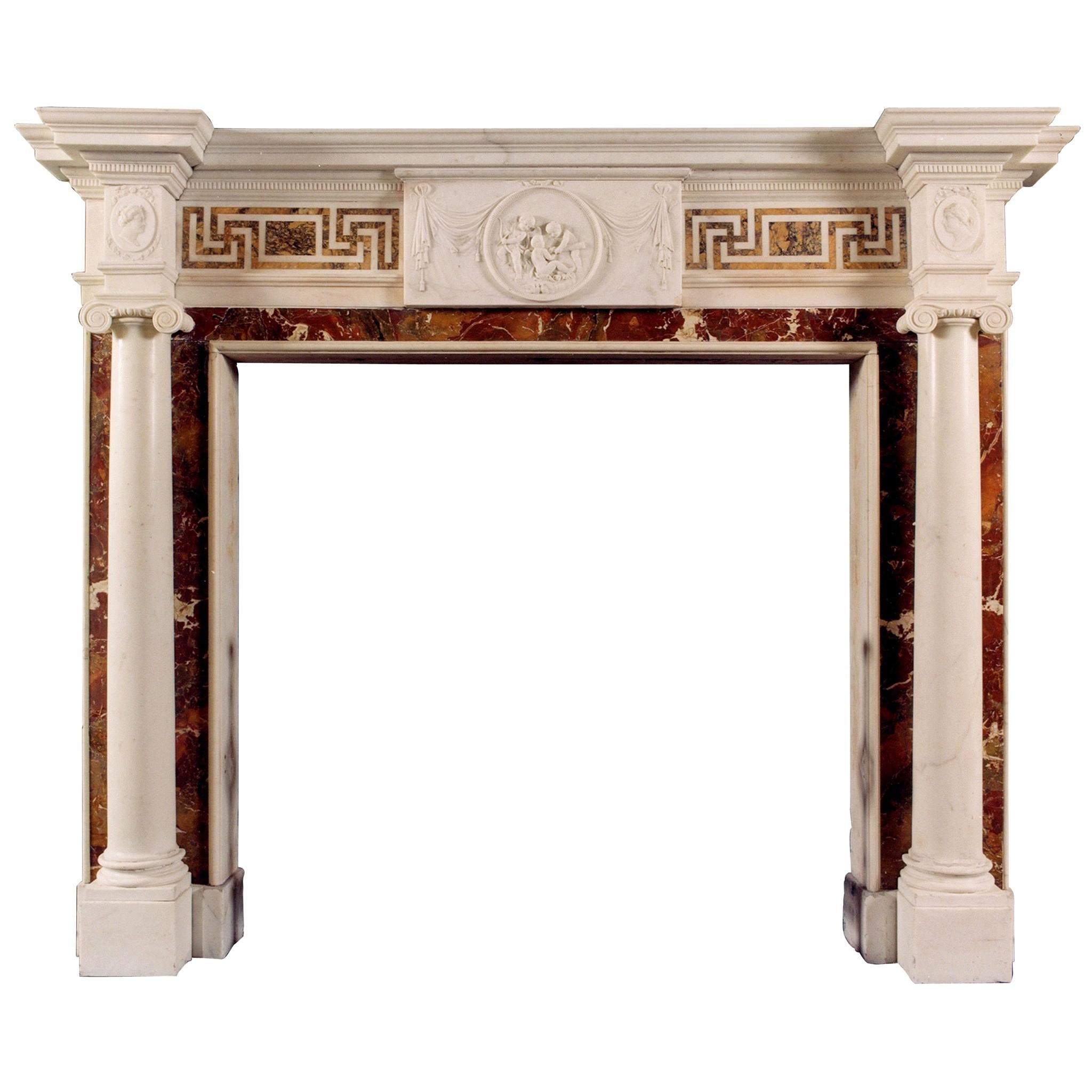 Antique English Statuary Fireplace With Inlaid Sienna & Jasper Marble